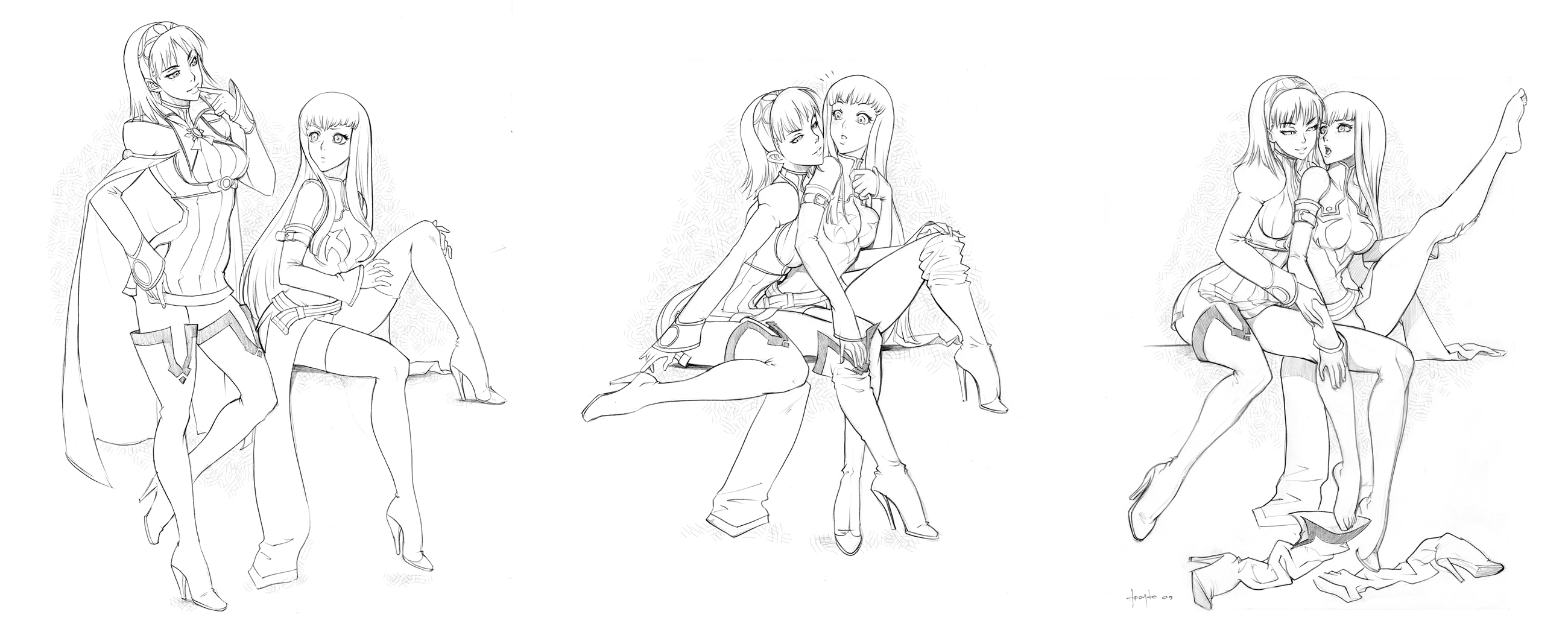 henry aponte, henry partum, blanc neige, c.c., code geass, sega, shining (series), shining tears, highres, long image, unfinished, wide image, 00s, 2girls, ass, barefoot, boots, crossover, feet, greyscale, hairband, high heels, long legs, monochrome, multiple girls, shoes, single shoe, thigh boots, thighhighs, undressing, yuri