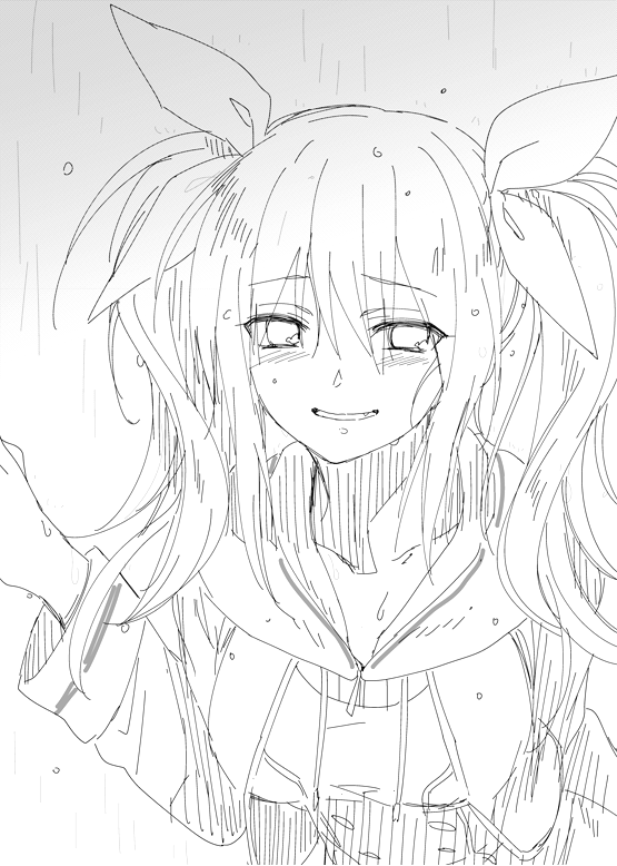 ikuhashi muiko, arimura hinae, chaos;child, science adventure, 1girl, blush, breasts, collarbone, cropped jacket, greyscale, grin, hair between eyes, hair ribbon, hekiho academy school uniform, hood, long hair, long sleeves, looking at viewer, monochrome, rain, ribbon, school uniform, small breasts, smile, solo, twintails, two side up, upper body, wet