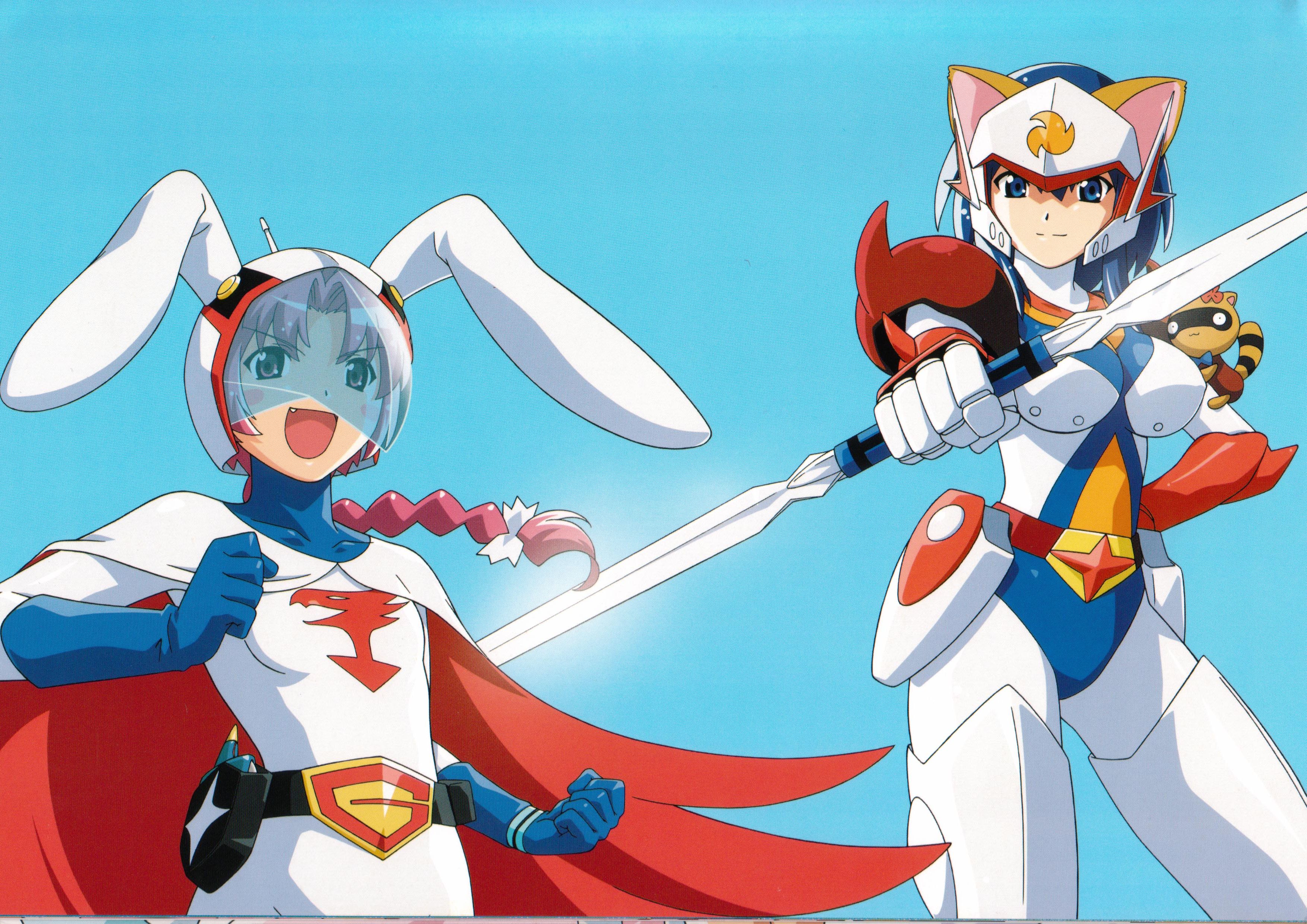 tekkaman, watanabe akio, ken the eagle, kokubunji koyori, nakahara komugi, posokichi, tekkaman (character), gatchaman, nurse witch komugi-chan, tatsunoko pro, uchuu no kishi tekkaman, visor, absurdres, highres, scan, 1970s (style), 2girls, animal ears, armor, blue hair, bodysuit, braid, cape, cosplay, double blade, ears through headwear, fang, flat chest, gloves, helmet, ken the eagle (cosplay), multiple girls, oldschool, pink hair, raccoon ears, retro artstyle, short hair, single braid, tekkaman (cosplay)