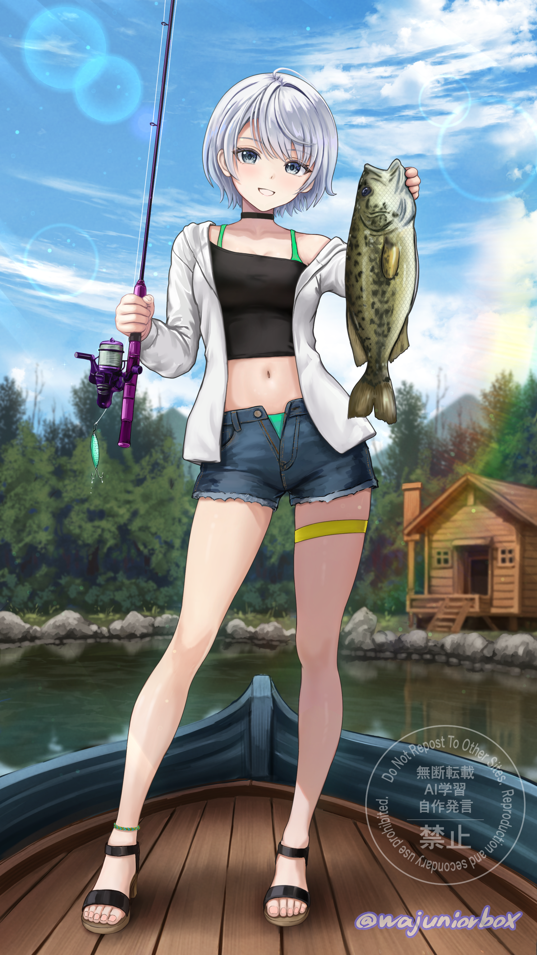 wajuniorbox, original, absurdres, commission, highres, revision, 1girl, animal, anklet, bikini, bikini under clothes, black shirt, blush, boat, breasts, camisole, cardigan, choker, cloud, crop top, denim, denim shorts, fish, fishing, fishing rod, green bikini, grey eyes, grey hair, high heel sandals, holding, holding animal, holding fish, jewelry, legs, lens flare, looking at viewer, medium breasts, midriff, navel, off-shoulder shirt, off shoulder, open-toe shoes, open cardigan, open clothes, open fly, sandals, shirt, short hair, short shorts, shorts, sky, smile, standing, swimsuit, thigh strap, tree, water, watercraft, white cardigan