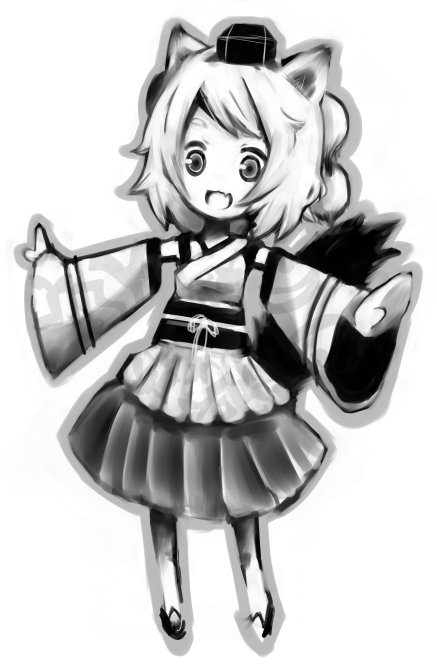 genrogou, inubashiri momiji, touhou, bad id, bad pixiv id, 1girl, animal ears, chibi, fang, female focus, greyscale, monochrome, outstretched arms, solo, spread arms, wolf ears