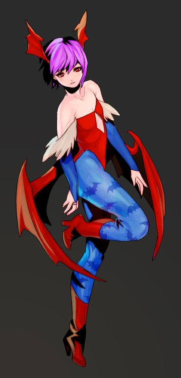 appleghost, yurizuka (sergeant heart), lilith (darkstalkers), capcom, darkstalkers, 1girl, animal print, bat print, demon girl, female focus, head wings, leotard, pantyhose, print pantyhose, purple hair, red eyes, red leotard, solo, wings