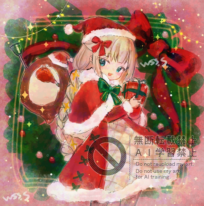 wss (nicoseiga19993411), mikura (kancolle), kantai collection, 1girl, alternate hairstyle, bokukawauso, braid, capelet, dress, fur-trimmed capelet, fur-trimmed headwear, fur trim, gift, green eyes, grey hair, hat, long hair, low twintails, otter, red capelet, red dress, red hat, santa hat, smile, twin braids, twintails, watermark