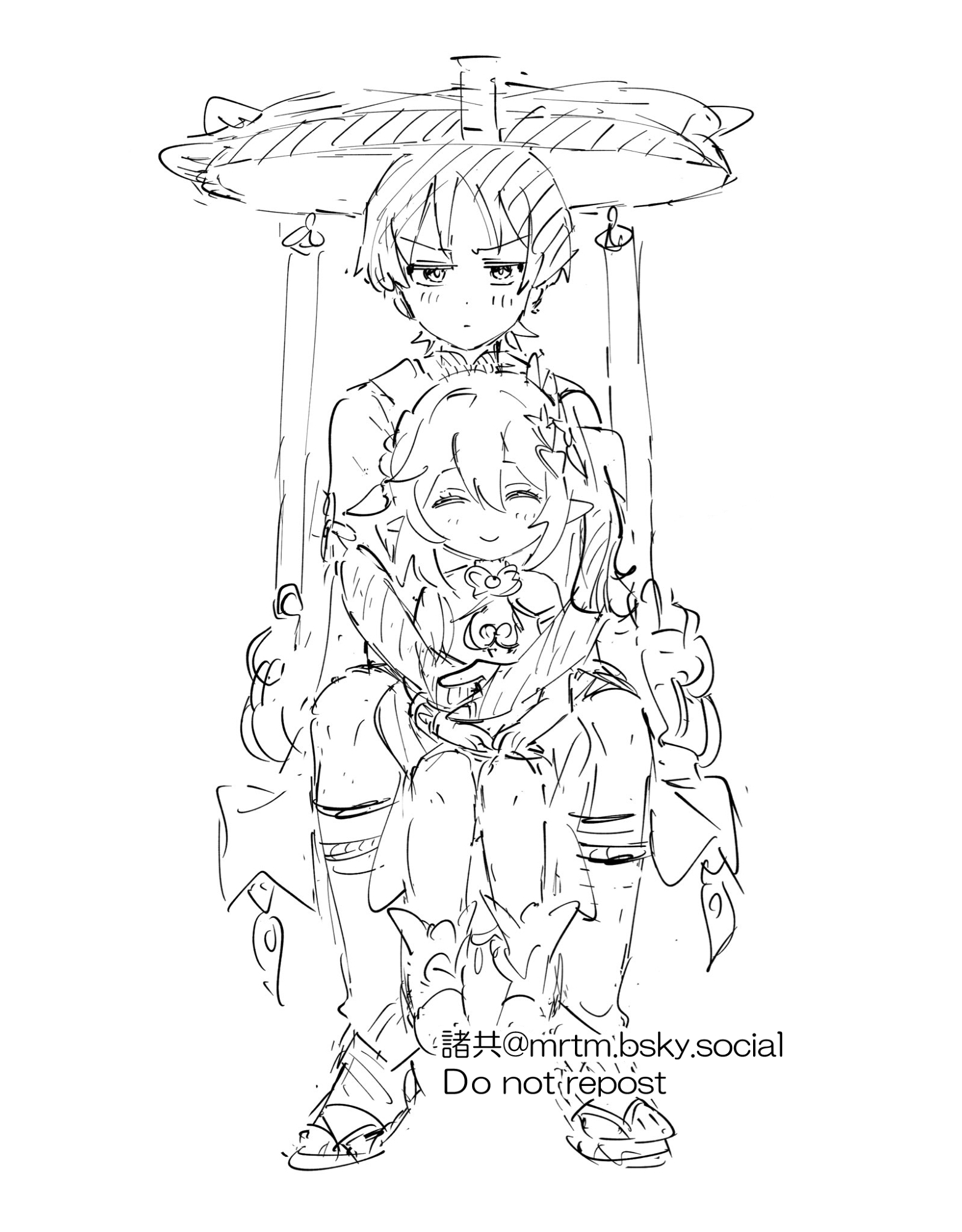 morotomo (natsume), nahida (genshin impact), scaramouche (genshin impact), wanderer (genshin impact), genshin impact, toeless socks, highres, 1boy, 1girl, anklet, armlet, behind another, blunt ends, bridal legwear, closed eyes, closed mouth, detached sleeves, dress, eyelashes, facing viewer, furisode, greyscale, hair ornament, half crown braid, hands on another's stomach, hands on own thighs, happy, hat, hatching (texture), height difference, hug, hug from behind, japanese clothes, jewelry, jingasa, kimono, leaf, leaf hair ornament, leg warmers, light blush, light frown, linear hatching, long hair, looking at viewer, mandarin collar, monochrome, parted bangs, pointy ears, sandals, short sleeves, shorts, side ponytail, sidelocks, sitting, sitting between lap, sketch, smile, stirrup legwear, straight-on, toeless legwear, tsurime, white background, wispy bangs, zouri