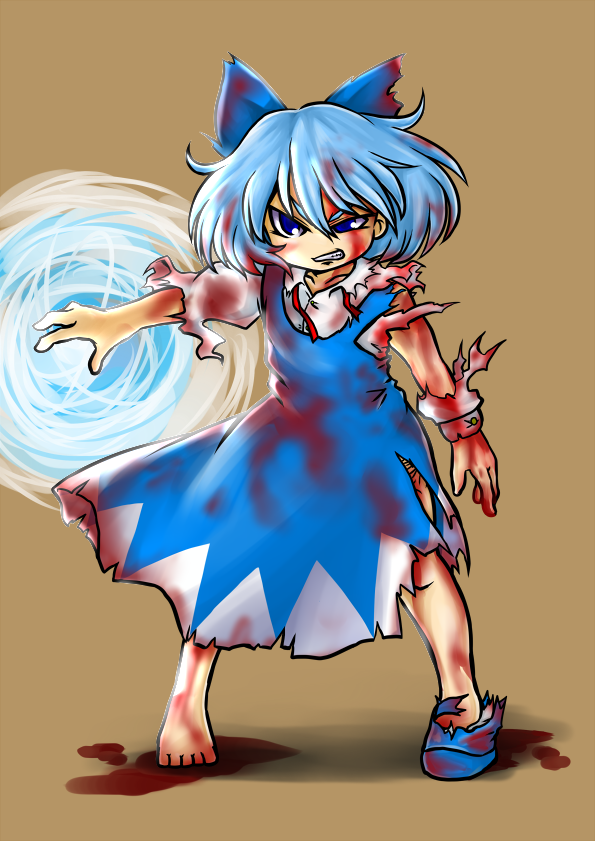 nazotyu, cirno, embodiment of scarlet devil, naruto (classic), naruto (series), touhou, barefoot, bleeding, blood, blue eyes, blue hair, bow, feet, hair bow, injury, parody, rasengan, shoes, short hair, single shoe, solo, toes, torn clothes, wings