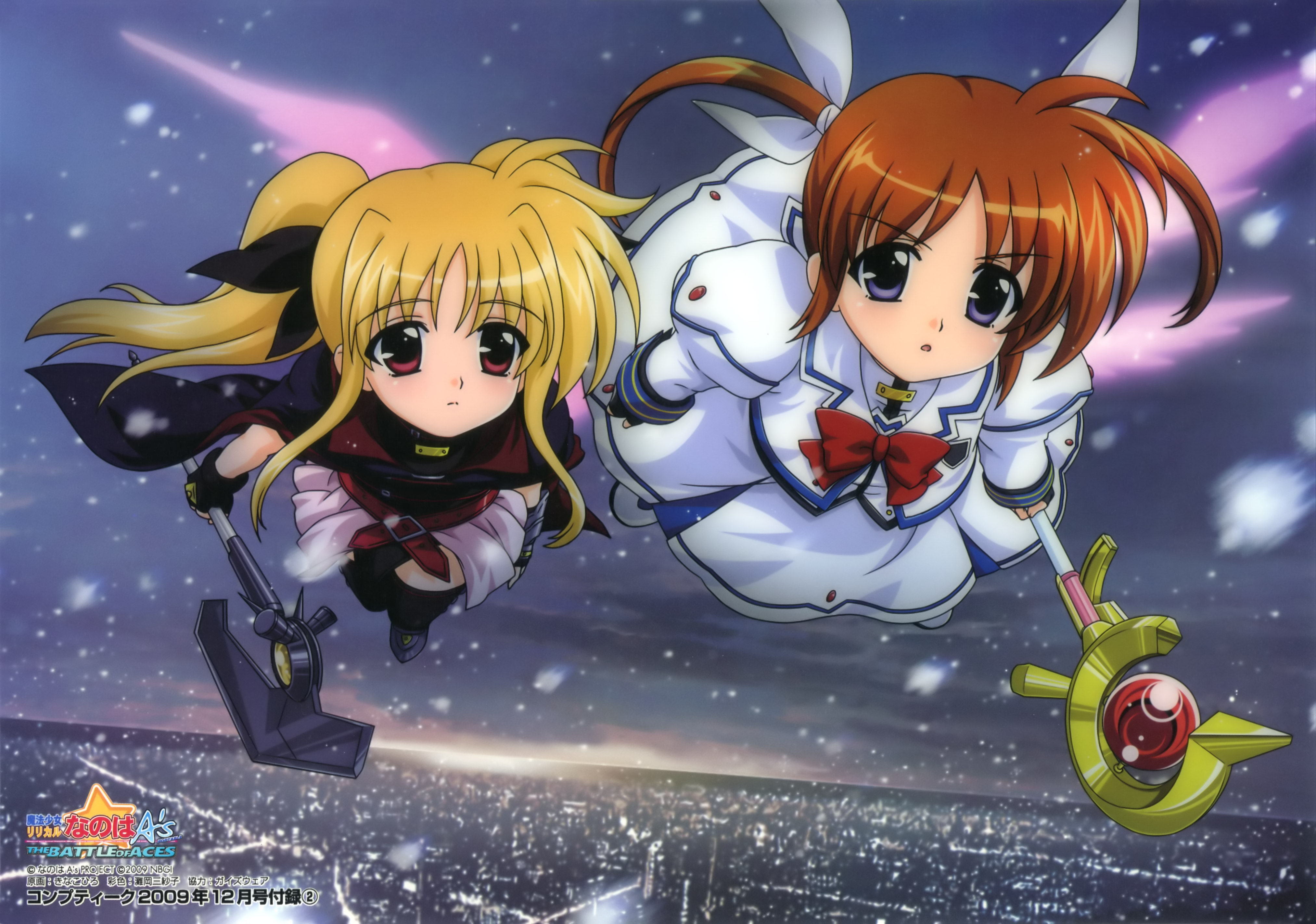 kinako hiro, bardiche (assault form) (nanoha), bardiche (nanoha), fate testarossa, fate testarossa (lightning form), raising heart, raising heart (accel mode), takamachi nanoha, takamachi nanoha (sacred mode), lyrical nanoha, mahou shoujo lyrical nanoha, mahou shoujo lyrical nanoha a's, mahou shoujo lyrical nanoha a's portable: the battle of aces, absurdres, detexted, highres, non-web source, official art, third-party edit, 00s, 2girls, blonde hair, brown hair, city, cloud, flying, long hair, multiple girls, purple eyes, red eyes, short hair, sky, snow, thighhighs, twintails, winter