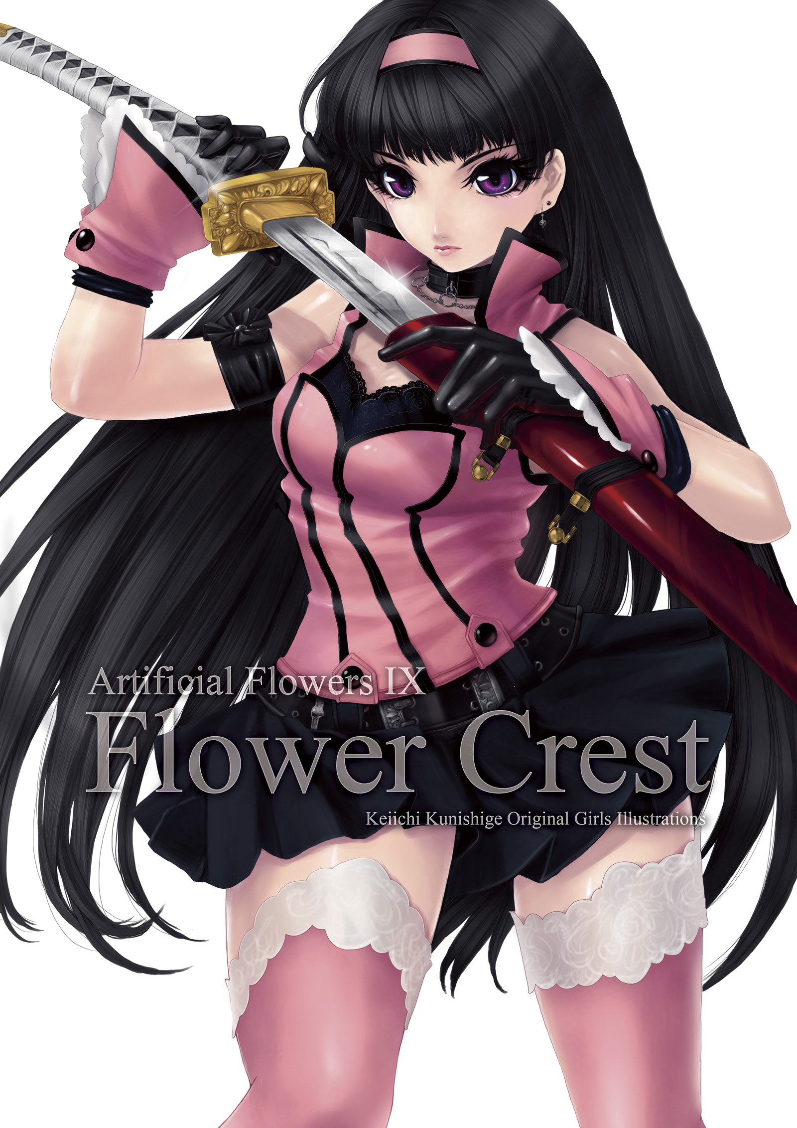 kunishige keiichi, original, lace-trimmed legwear, highres, 1girl, armlet, artist name, belt, black gloves, black hair, black skirt, choker, earrings, eyelashes, female focus, glint, gloves, hairband, jewelry, katana, lace, lace trim, lips, long hair, looking at viewer, miniskirt, pink thighhighs, purple eyes, sheath, simple background, skirt, sleeveless, solo, sword, thighhighs, unsheathing, very long hair, weapon, white background, wrist cuffs, zettai ryouiki