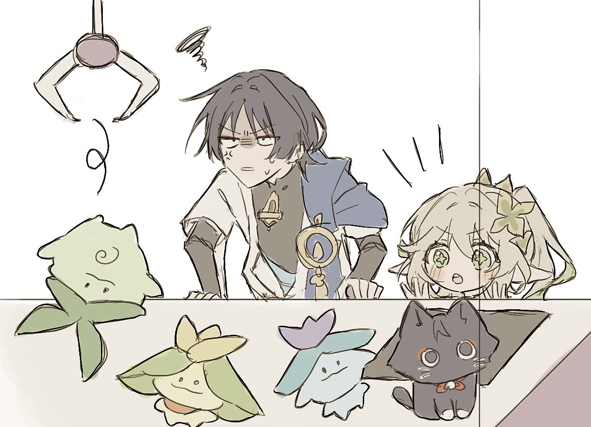 aranara (genshin impact), ararycan (genshin impact), nahida (genshin impact), scaramouche (cat) (genshin impact), scaramouche (genshin impact), wanderer (genshin impact), genshin impact, 1boy, 1girl, against glass, anger vein, animalization, annoyed, arms at sides, black bodysuit, black bridal gauntlets, black cat, black eyes, black hair, blue cape, blue kimono, blunt ends, blush, bodysuit, bridal gauntlets, cape, cat, colored inner hair, crane game, creature, cross-shaped pupils, eyelashes, eyeliner, eyeshadow, frown, furisode, gold, green eyes, green hair, green pupils, hair intakes, height difference, japanese clothes, juban, kimono, long hair, looking at object, makeup, mandarin collar, mo362335, multicolored hair, notice lines, open clothes, open hands, open kimono, open mouth, parted lips, partially shaded face, person and animalization, pointy ears, raised eyebrows, red eyeliner, red eyeshadow, sanpaku, short sleeves, side ponytail, sidelocks, sketch, squiggle, stuffed animal, stuffed toy, sweatdrop, symbol-shaped pupils, tareme, teeth, upper teeth only, white hair, white kimono, white mouth, white sleeves, wispy bangs