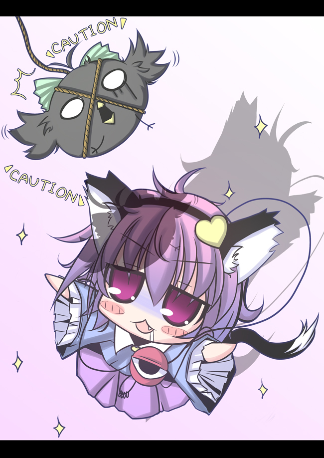 futase hijiri, sousera kiyoshi, komeiji satori, reiuji utsuho, reiuji utsuho (bird), touhou, 1girl, animal ears, cat ears, cat girl, cat tail, chibi, fang, female focus, hairband, hanging, kemonomimi mode, purple eyes, purple hair, rope, saliva, solo, sparkle, tail