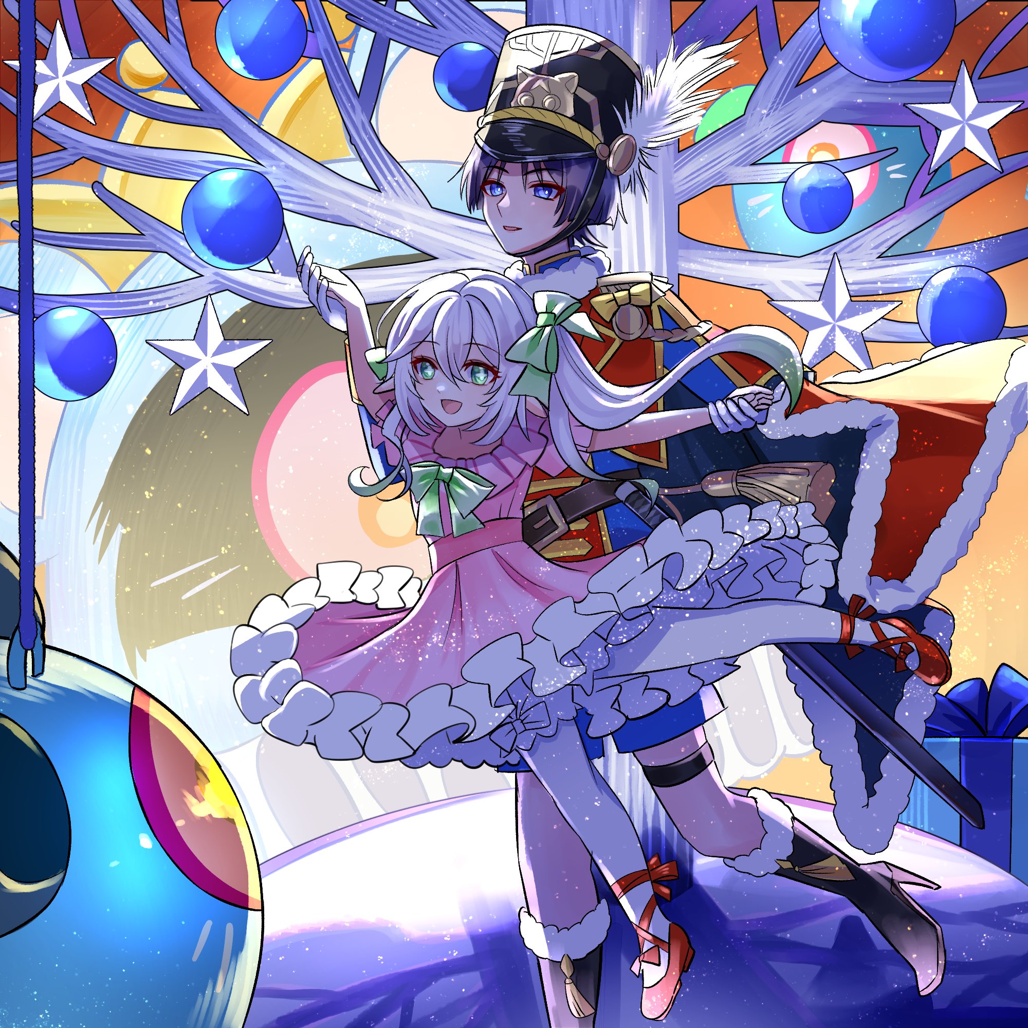 caramelo game, dottore (genshin impact), nahida (genshin impact), scaramouche (cat) (genshin impact), scaramouche (genshin impact), genshin impact, highres, 1boy, 1girl, aiguillette, alternate costume, animal print, animalization, arm up, ballerina, ballet slippers, bare tree, behind another, belt, belt buckle, black boots, black cape, black hat, blue bow, blue shorts, blue sleeves, blunt ends, boots, bow, bowtie, box, bright pupils, brown belt, buckle, cape, cat print, christmas ornaments, colored tips, contemporary, cross-shaped pupils, dancing, dress, epaulettes, eyelashes, eyeliner, eyeshadow, feathers, footwear bow, formal clothes, frilled dress, frilled sleeves, frills, fringe trim, fur-trimmed boots, fur-trimmed cape, fur collar, fur trim, gift, gift box, gloves, gradient hair, green bow, green bowtie, green eyes, green hair, hair between eyes, hair bow, hat, hat feather, height difference, high heel boots, high heels, holding hands, irminsul, long hair, long sleeves, looking at viewer, makeup, military uniform, multicolored hair, open mouth, outstretched arm, pantyhose, parted lips, pink dress, pink sleeves, pointy ears, purple eyes, purple hair, red bow, red cape, red eyeliner, red eyeshadow, red slippers, shadow, shako cap, short sleeves, shorts, side ponytail, sidelocks, single epaulette, slippers, star (symbol), symbol-shaped pupils, tassel, thigh strap, toy soldier, tree, tsurime, two-sided cape, two-sided fabric, white feathers, white gloves, white hair, white pantyhose, white pupils, wispy bangs