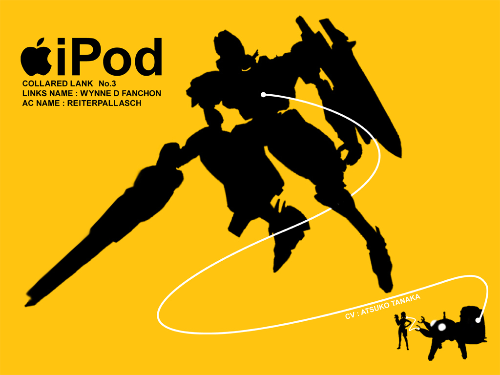 reiterpallasch, tachikoma, wynne d fanchon, apple inc., armored core, armored core: for answer, fromsoftware, blade, 1girl, character name, full body, gun, ipod, ipod ad, mecha, mp3 player, parody, robot, silhouette, simple background, weapon, yellow background