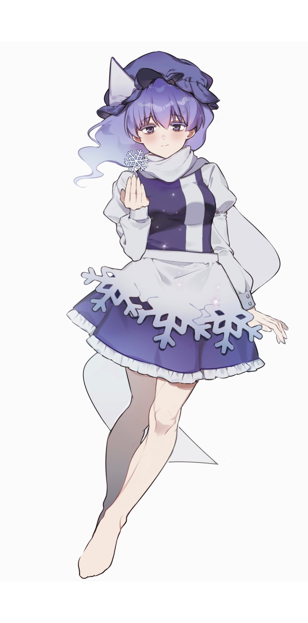 iwakoo, letty whiterock, touhou, highres, 1girl, apron, bare legs, barefoot, frilled skirt, frills, full body, half-closed eyes, hat, light smile, long scarf, long sleeves, mob cap, puffy long sleeves, puffy sleeves, purple eyes, purple hair, purple hat, purple skirt, purple vest, scarf, shirt, skirt, snowflake apron, snowflakes, solo, triangular headpiece, vest, waist apron, wavy hair, white apron, white shirt