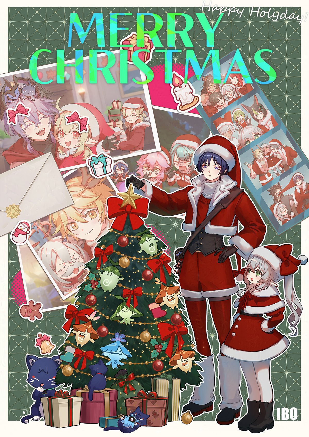 49ibo240, aether (genshin impact), albedo (genshin impact), alhaitham (genshin impact), arabalika (genshin impact), aranara (genshin impact), ararycan (genshin impact), collei (genshin impact), cyno (genshin impact), dehya (genshin impact), dori (genshin impact), dottore (genshin impact), dunyarzad (genshin impact), durin (genshin impact), faruzan (genshin impact), kaveh (genshin impact), klee (genshin impact), layla (genshin impact), mini durin (genshin impact), nahida (genshin impact), nilou (genshin impact), paimon (genshin impact), scaramouche (cat) (genshin impact), scaramouche (genshin impact), sethos (genshin impact), tighnari (genshin impact), genshin impact, character request, highres, > <, 1boy, 1girl, :t, ahoge, animal collar, animal ears, animal head, animalization, antlers, aqua collar, aqua hair, arm over shoulder, arms on another's shoulder, artist name, bag, bare shoulders, belt, belt buckle, bent over, black belt, black boots, black cat, black corset, black gloves, black hair, black horns, black shirt, black shoes, blonde hair, blue hair, blunt bangs, blush, boots, bow, bowtie, box, braid, bright pupils, brown bag, brown eyes, brown hair, buckle, bunny ears prank, candle, candlelight, capelet, cat, christmas lights, christmas ornaments, christmas star, christmas tree, clenched hands, closed eyes, closed mouth, clothes pull, collar, colored eyelashes, corset, covering own mouth, cropped jacket, cross-shaped pupils, crossed bangs, dark-skinned female, dark skin, deer ears, detached sleeves, doll, door, double bun, double v, dragon, dragon boy, dragon horns, dress, drill hair, elbow gloves, eyeliner, eyeshadow, facing another, facing viewer, fake facial hair, fake mustache, fangs, film strip, fox ears, fur-trimmed capelet, fur-trimmed dress, fur-trimmed gloves, fur-trimmed headwear, fur-trimmed jacket, fur-trimmed shorts, fur-trimmed sleeves, fur hood, fur trim, gift, gift box, gingerbread man, glasses, gloves, gold belt, green background, green eyes, green hair, grey hair, hair bun, hair ornament, hair over one eye, half up half down braid, halo, hand on another's shoulder, hand on own hip, hand over own mouth, hand up, hands on own hips, happy, happy holidays, hat, hat bow, head tilt, height difference, holding, holding gift, hood, hood down, hood up, hoodie, horns, jacket, lapels, large bow, leg warmers, letter, long hair, looking at object, low twintails, makeup, mechanical halo, merry christmas, mistletoe, mistletoe hair ornament, multicolored hair, open clothes, open hand, open jacket, open mouth, pantyhose, parted bangs, partially shaded face, person and animalization, photo (object), picture frame, pink hair, pink halo, pointy ears, pom pom (clothes), pulling, purple eyes, red-tinted eyewear, red bow, red bowtie, red capelet, red dress, red eyeliner, red eyeshadow, red gloves, red hair, red hat, red hood, red hoodie, red jacket, red scarf, red shorts, red sleeves, red sweater, red thighhighs, reindeer antlers, ribbed shirt, ringlets, sanpaku, santa costume, santa dress, santa hat, scarf, sconce, shirt, shoes, short hair, short hair with long locks, shorts, shoulder bag, sidelocks, small dragon, smile, snowman, strapless, strapless dress, streaked hair, sweater, swept bangs, symbol-shaped pupils, tareme, teeth, thighhighs, tinted eyewear, trembling, tsurime, turtleneck, turtleneck shirt, twin drills, twintails, undershirt, upper teeth only, v, white eyelashes, white leg warmers, white pantyhose, white pupils, white scarf, white shirt, white sleeves, wide sleeves, x hair ornament, yellow-framed eyewear, yellow eyes