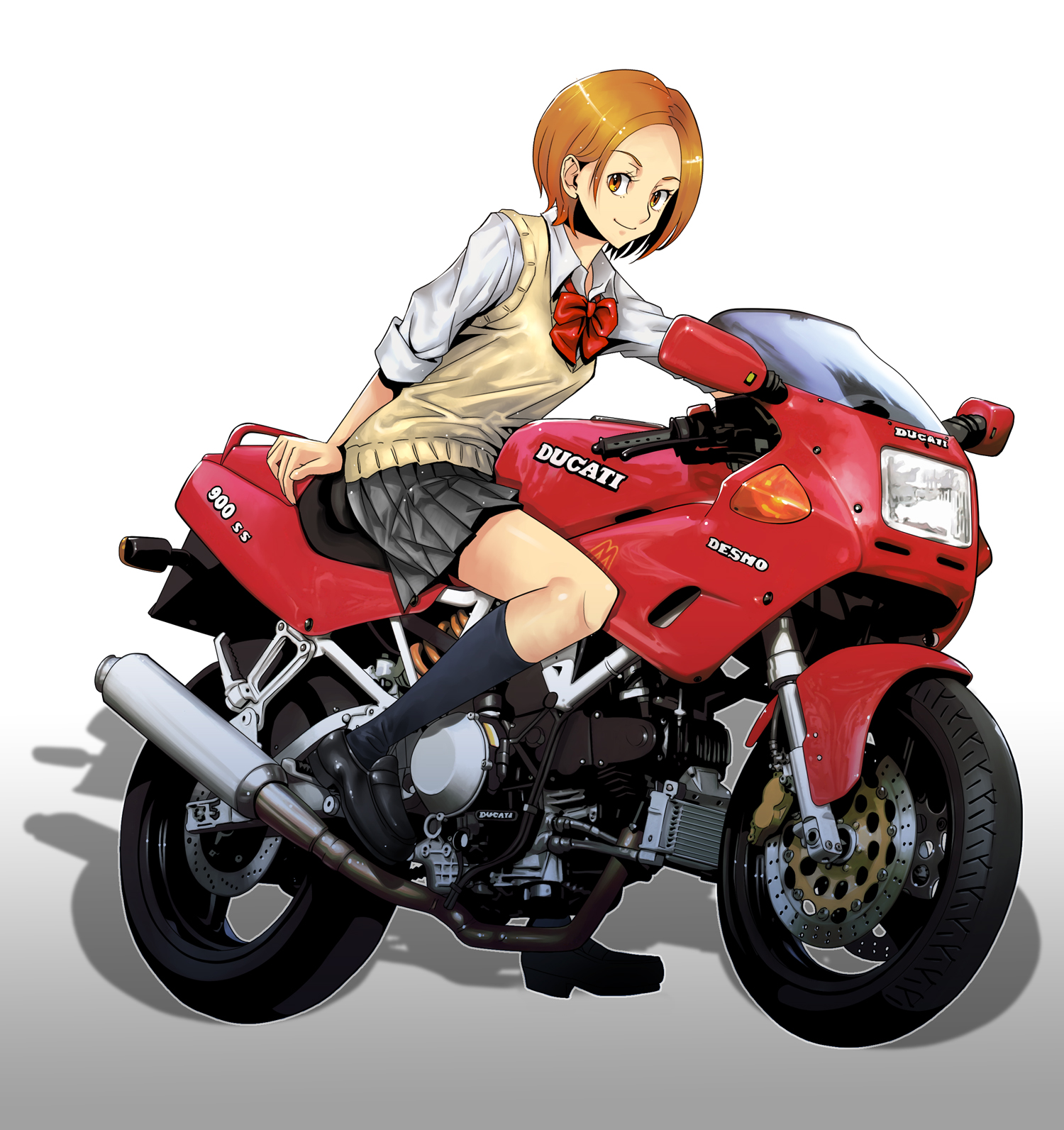 boyaking, original, vehicle, highres, bob cut, brown eyes, brown hair, legs, motor vehicle, motorcycle, pleated skirt, school uniform, skirt, smile, socks, solo, vest