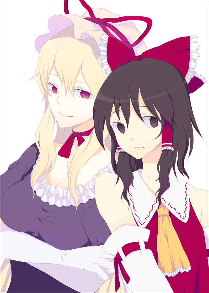 harano, hakurei reimu, yakumo yukari, touhou, bad id, bad pixiv id, 2girls, bare shoulders, black eyes, blonde hair, bow, breasts, brown hair, choker, cleavage, crossed arms, detached sleeves, elbow gloves, female focus, frills, gloves, hair bow, hair ornament, hair ribbon, hat, japanese clothes, large breasts, miko, multiple girls, necktie, pink eyes, ribbon, ribbon choker, simple background, smile, white gloves
