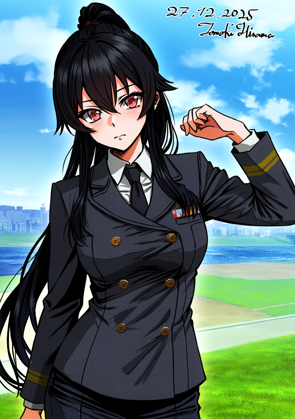 hisama tomoki, yahagi (kancolle), japan maritime self-defense force, japan self-defense force, kantai collection, highres, 1girl, alternate costume, arm up, artist name, black hair, black necktie, collared shirt, dated, grey jacket, grey skirt, hair between eyes, jacket, long hair, long sleeves, looking at viewer, military, military dress uniform, military rank insignia, military uniform, naval dress uniform, naval uniform, necktie, one-hour drawing challenge, ponytail, red eyes, ribbon bar, shirt, sidelocks, skirt, solo, upper body, very long hair, white shirt