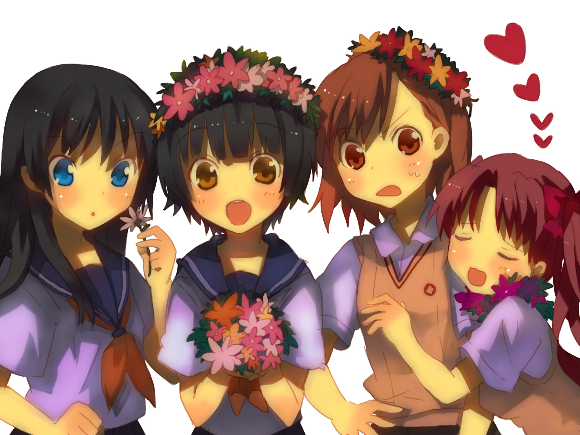 tsuchiya akira, misaka mikoto, saten ruiko, shirai kuroko, uiharu kazari, toaru kagaku no railgun, toaru majutsu no index, highres, 00s, 4girls, black hair, blue eyes, blush, brown eyes, brown hair, flower, hair ornament, hair ribbon, head wreath, heart, multiple girls, ribbon, school uniform, serafuku, short hair, sweater vest, twintails, yellow eyes