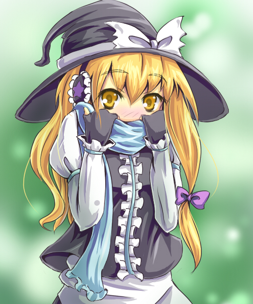 kuriimu, kirisame marisa, perfect cherry blossom, touhou, 1girl, blonde hair, earmuffs, female focus, gloves, gradient background, hat, scarf, solo, yellow eyes