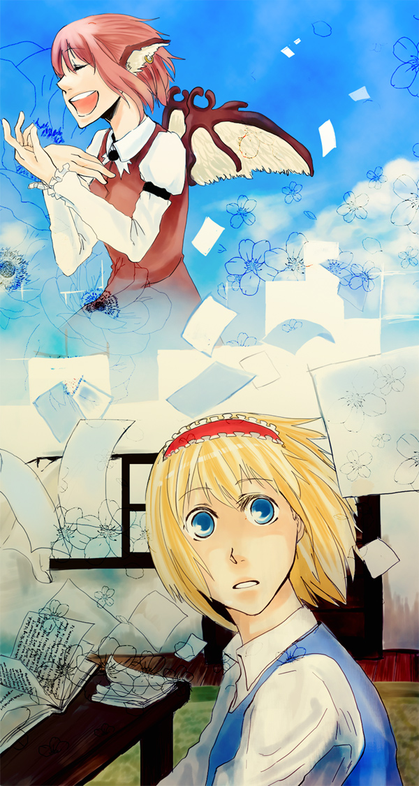 kamaboko tarou, alice margatroid, mystia lorelei, touhou, bad id, bad pixiv id, 2girls, animal ears, blonde hair, blue eyes, book, bow, closed eyes, earrings, female focus, flower, flying paper, frills, hair bow, hairband, jewelry, long sleeves, multiple girls, music, open mouth, paper, pink hair, profile, short hair, singing, surprised, wind, wings