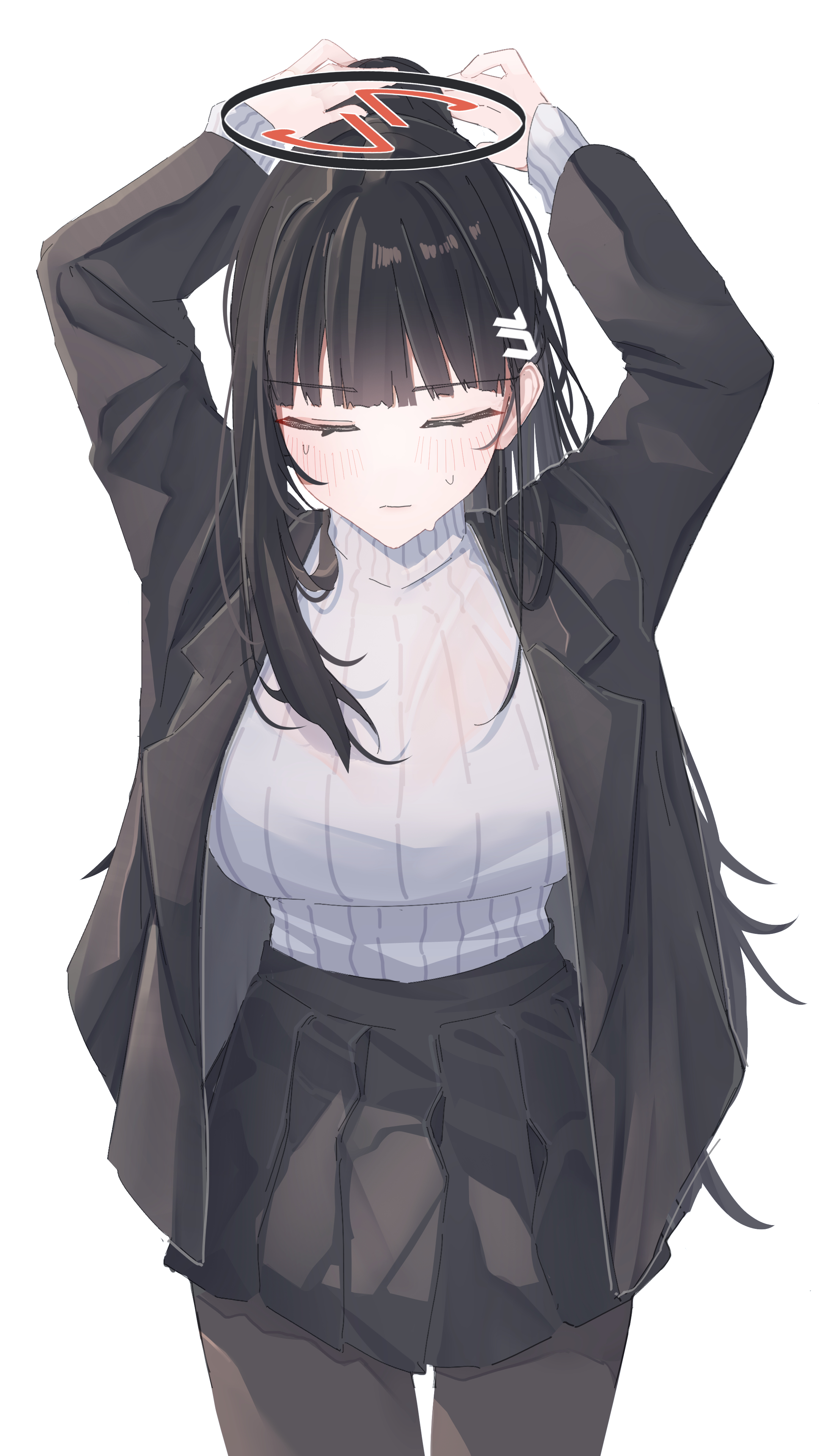 leonardo 566, rio (blue archive), blue archive, absurdres, commentary request, highres, 1girl, adjusting hair, arms up, black hair, black jacket, black pantyhose, black skirt, blunt bangs, blush, breasts, closed eyes, hair ornament, hairclip, halo, jacket, large breasts, long hair, pantyhose, pleated skirt, ribbed sweater, simple background, skirt, sweatdrop, sweater, turtleneck, turtleneck sweater, white background, white sweater