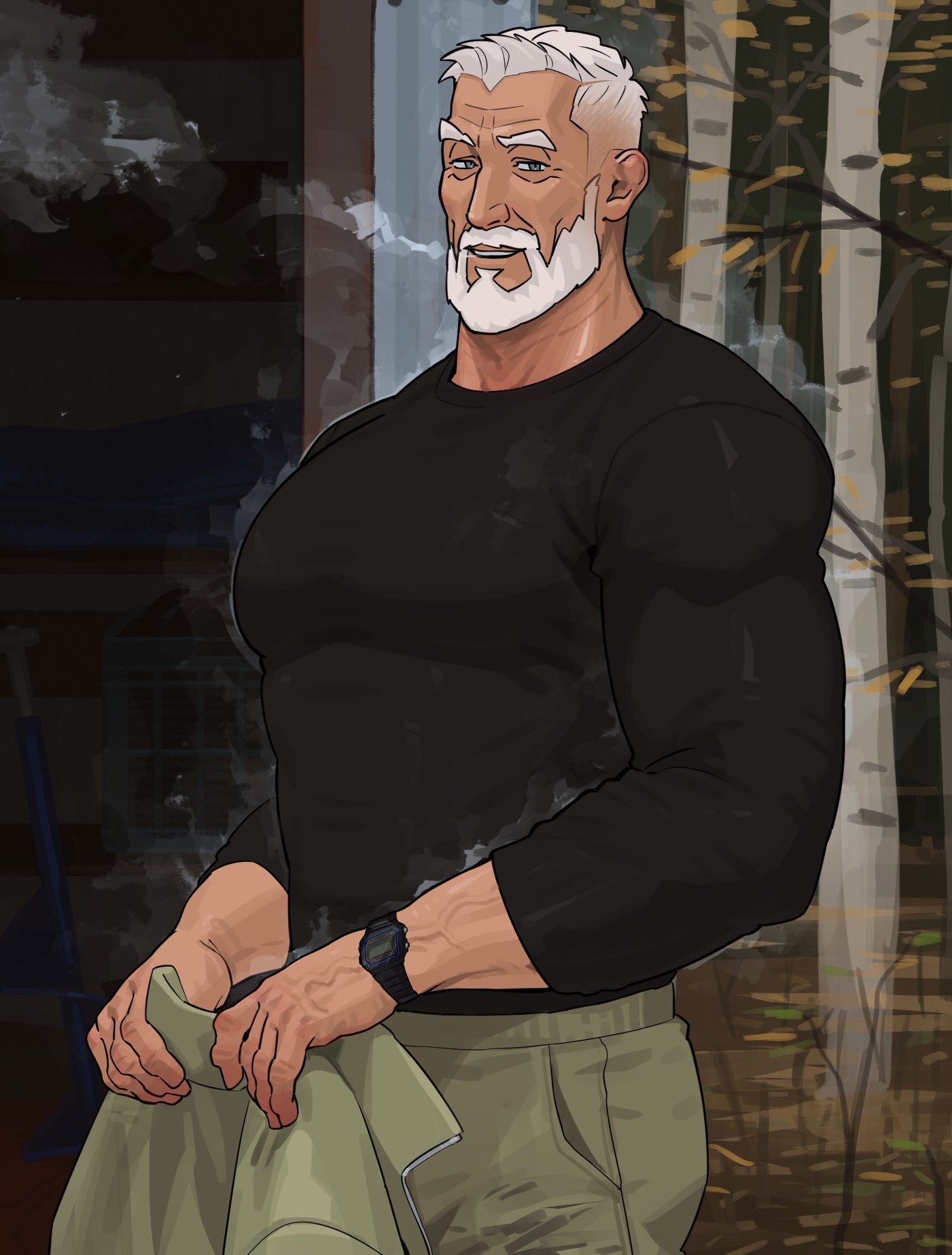 sa1k0p, original, highres, 1boy, bara, beard, black shirt, facial hair, full beard, green jacket, green pants, grey eyes, holding, holding jacket, holding unworn clothes, jacket, looking at viewer, male focus, mature male, muscular, muscular male, old, old man, open mouth, outdoors, pants, shirt, short hair, smile, solo, tight clothes, unworn jacket, veins, veiny arms, watch, white hair, wristwatch