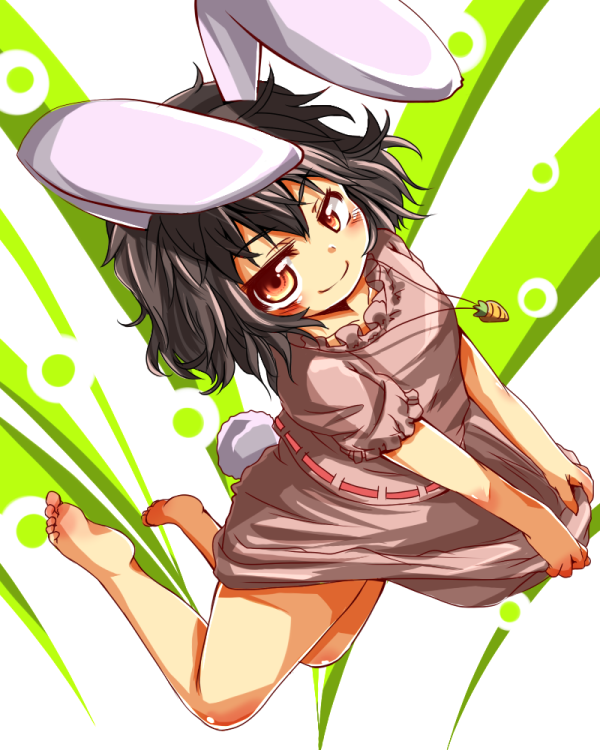 rihhi, inaba tewi, touhou, bad id, bad pixiv id, 1girl, animal ears, barefoot, black hair, carrot, feet, female focus, jewelry, necklace, rabbit ears, rabbit tail, red eyes, short hair, solo, tail