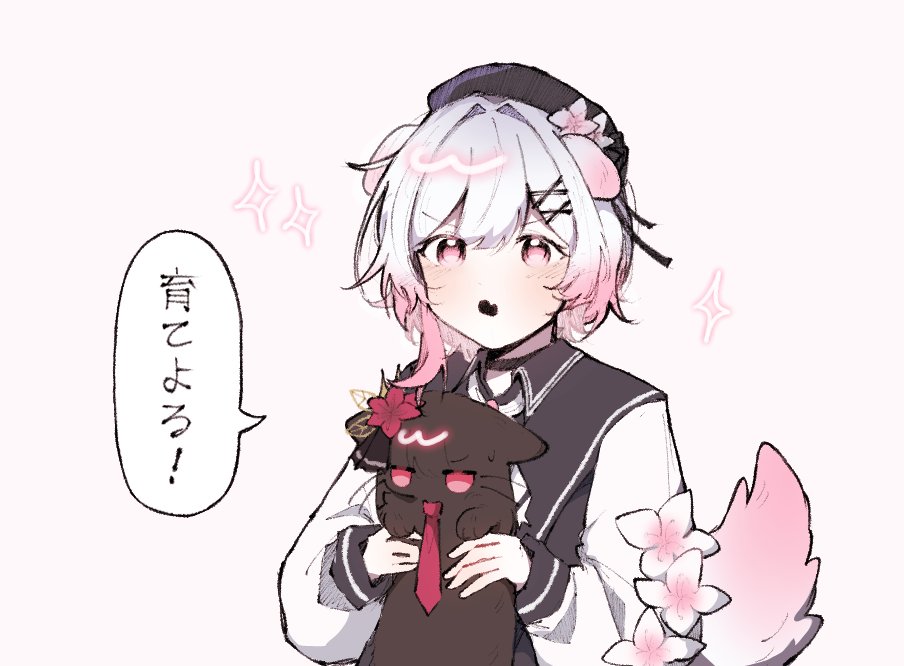 nikaido hiro, sakuraba ema, mahou shoujo no majo saiban, translation request, 1girl, animal, animal ears, animalization, beret, black cat, black hat, cat, cita (cnim 1234), dog ears, dog tail, fang, flower, gradient hair, hair flower, hair ornament, hat, holding, holding animal, holding cat, jitome, kemonomimi mode, long sleeves, looking at viewer, multicolored hair, necktie, open mouth, pink eyes, pink hair, red eyes, red necktie, short hair, simple background, solo, speech bubble, tail, upper body, white flower, white hair, x hair ornament