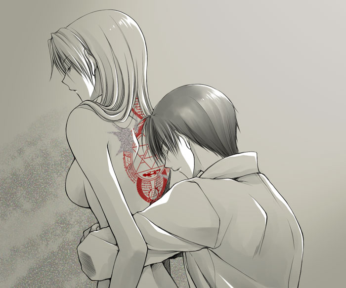 takafuji yuna, riza hawkeye, roy mustang, fullmetal alchemist, 00s, 1boy, 1girl, back tattoo, breasts, closed eyes, clothed male nude female, collared shirt, greyscale, hetero, hug, hug from behind, long hair, monochrome, nude, scar, shirt, short hair, sideboob, tattoo