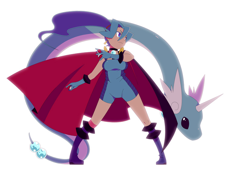 mzh, clair (pokemon), dragonair, nintendo, pokemon, pokemon hgss, 00s, 1girl, bare arms, blue eyes, blue gloves, blue hair, boots, bracelet, breasts, cape, choker, dragon, earrings, epaulettes, floating hair, full body, gem, gen 1 pokemon, gloves, gym leader, hair ornament, head wings, high ponytail, holding, holding poke ball, horns, jewelry, large breasts, long hair, matching hair/eyes, pearl (gemstone), poke ball, pokemon (creature), ponytail, simple background, standing, white background, wings