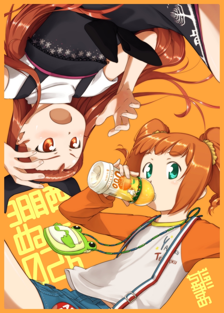 ttomm, minase iori, takatsuki yayoi, idolmaster, idolmaster (classic), 00s, border, drinking, juice, orange background, orange juice, raglan sleeves