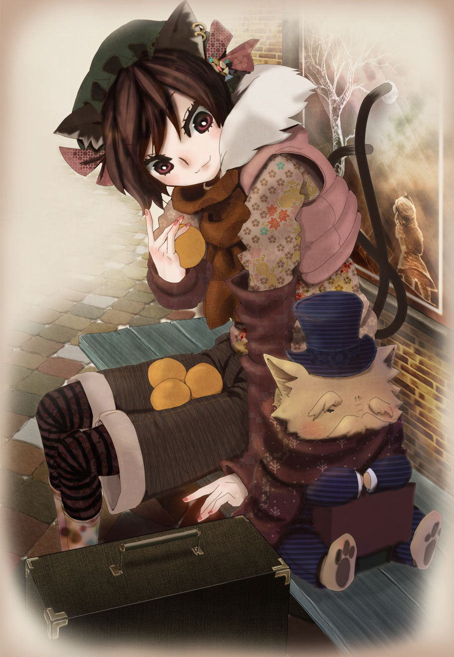 uranoyama, chen, letty whiterock, touhou, bad id, bad pixiv id, highres, 1girl, alternate costume, animal ears, brown hair, casual, cat ears, cat girl, cat tail, contemporary, earrings, female focus, hat, jewelry, multiple tails, red eyes, short hair, solo, tail