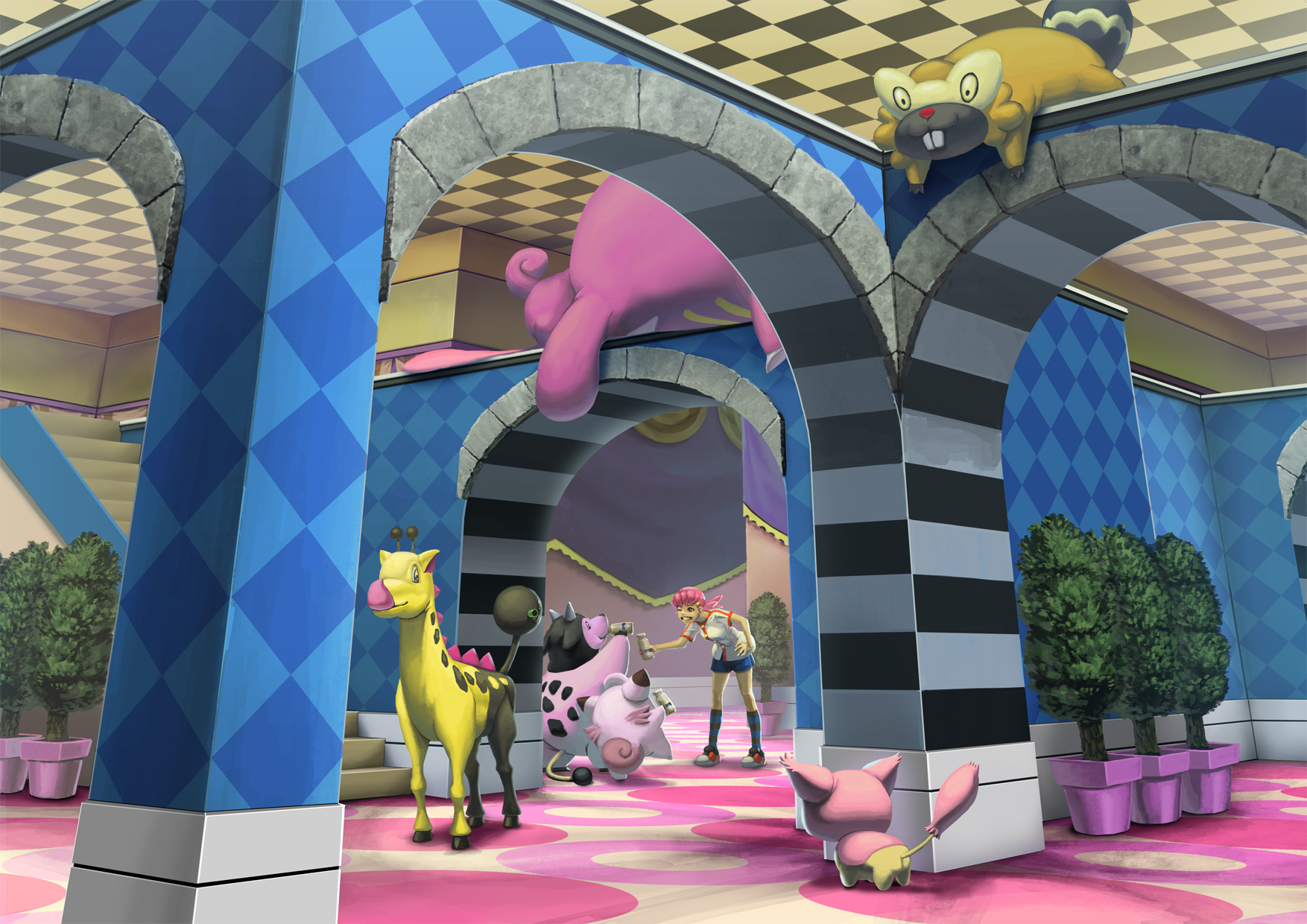 higashiyama hayato, isao higashiyama, bibarel, clefable, girafarig, lickilicky, miltank, skitty, whitney (pokemon), nintendo, pokemon, highres, 1girl, arch, gen 1 pokemon, gen 2 pokemon, gen 3 pokemon, gen 4 pokemon, gym leader, milk, pokemon (creature), polka dot, shorts, socks, stairs, striped clothes, striped socks, striped thighhighs, thighhighs, tree