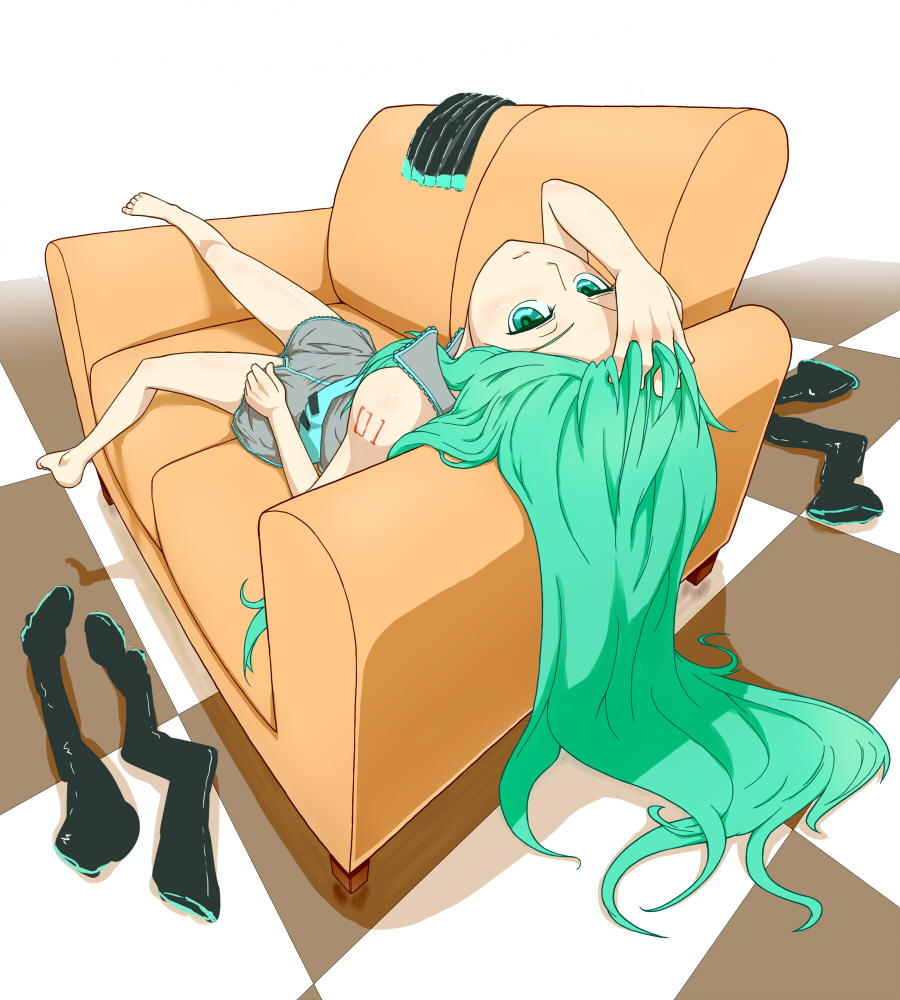 jaco, hatsune miku, vocaloid, bad id, bad pixiv id, 1girl, aqua eyes, aqua hair, barefoot, bottomless, checkered floor, couch, female focus, full body, hair down, hand in own hair, legs, long hair, lying, on back, skirt, solo, thighhighs, unworn skirt, unworn thighhighs