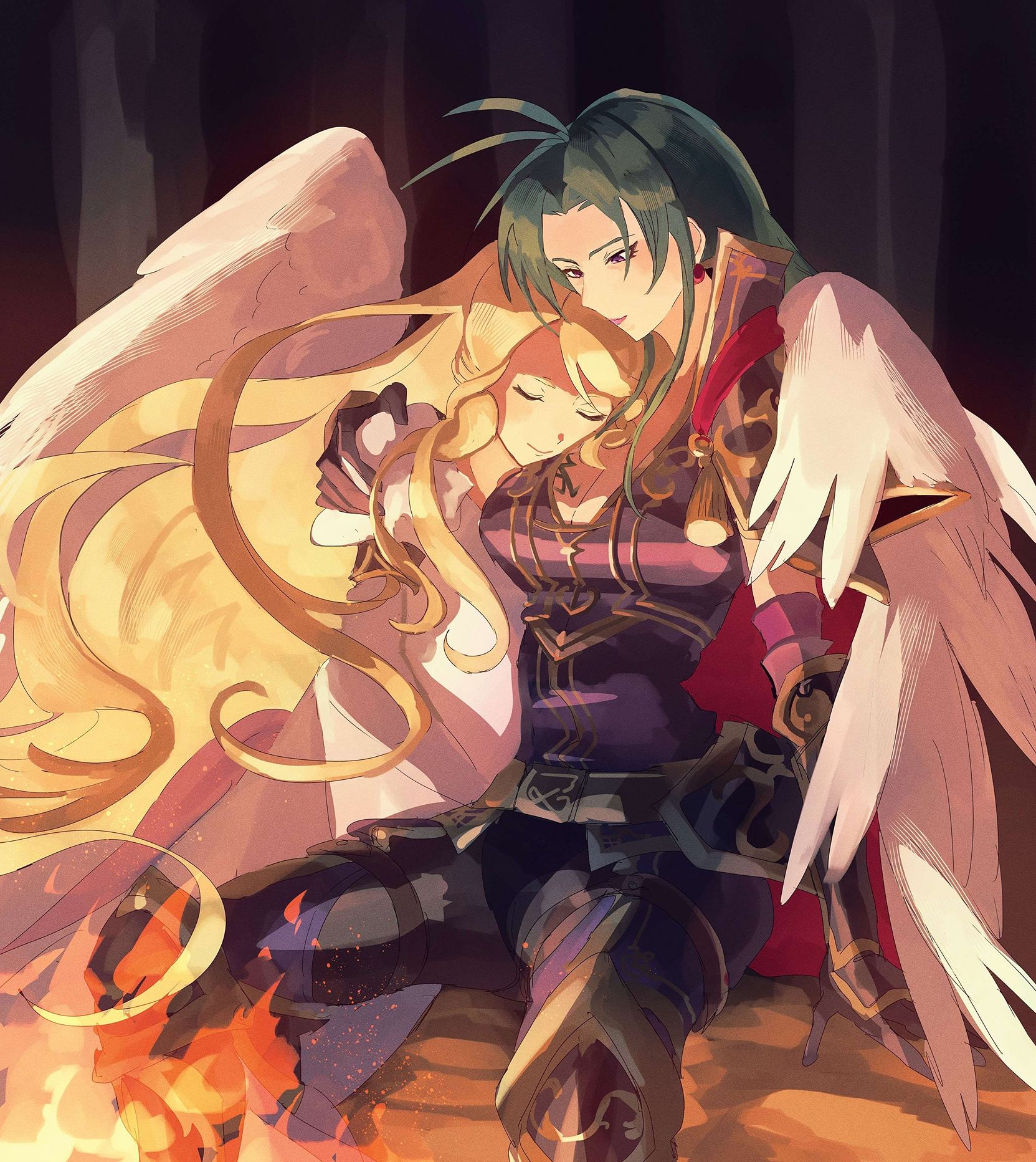 fusenryo, leanne (fire emblem), petrine (fire emblem), fire emblem, fire emblem: path of radiance, nintendo, commentary, commission, english commentary, highres, second-party source, 2girls, arm around shoulder, armor, blonde hair, boots, breasts, cape, cleavage, closed eyes, dress, earrings, feathered wings, fire, gloves, green hair, head on chest, hug, jewelry, large breasts, lipstick, long hair, makeup, multiple girls, pantyhose, purple eyes, sitting, smile, white dress, wings, yuri