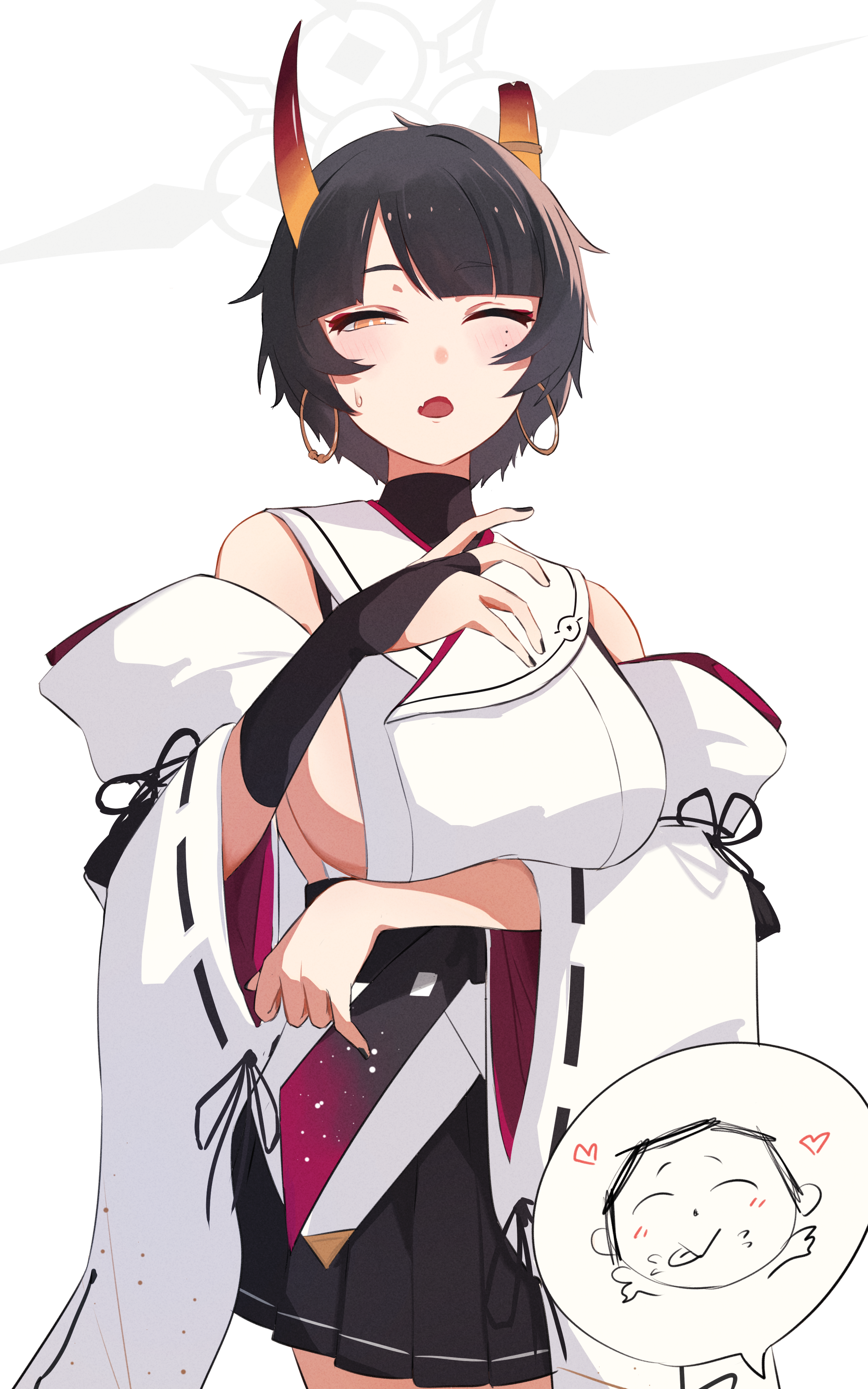 kyurosuku, doodle sensei (blue archive), niya (blue archive), sensei (blue archive), blue archive, absurdres, highres, revision, 1girl, black hair, breasts, bridal gauntlets, broken horn, detached sleeves, earrings, gradient horns, halo, hoop earrings, horns, japanese clothes, jewelry, kimono, large breasts, mole, mole under eye, multicolored horns, one eye closed, orange eyes, orange horns, ribbon-trimmed sleeves, ribbon trim, short hair, sideless kimono, single bridal gauntlet, sleeveless, sleeveless kimono, speech bubble, unusually open eyes, white halo, white kimono, wide sleeves