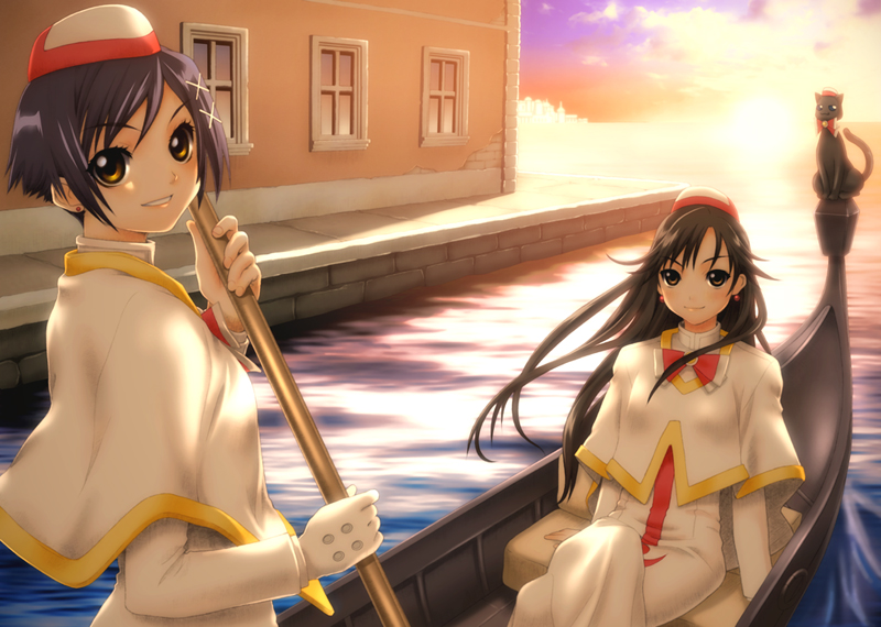 azumi amane, soshina nohito, aika granzchesta, akira ferrari, hime granzchesta, aria (manga), uniform, 00s, 2girls, black cat, brown eyes, brown hair, cat, gloves, gondola, hair ornament, hairclip, hat, long hair, multiple girls, pole, purple hair, short hair, sitting, smile, standing, sunset, water