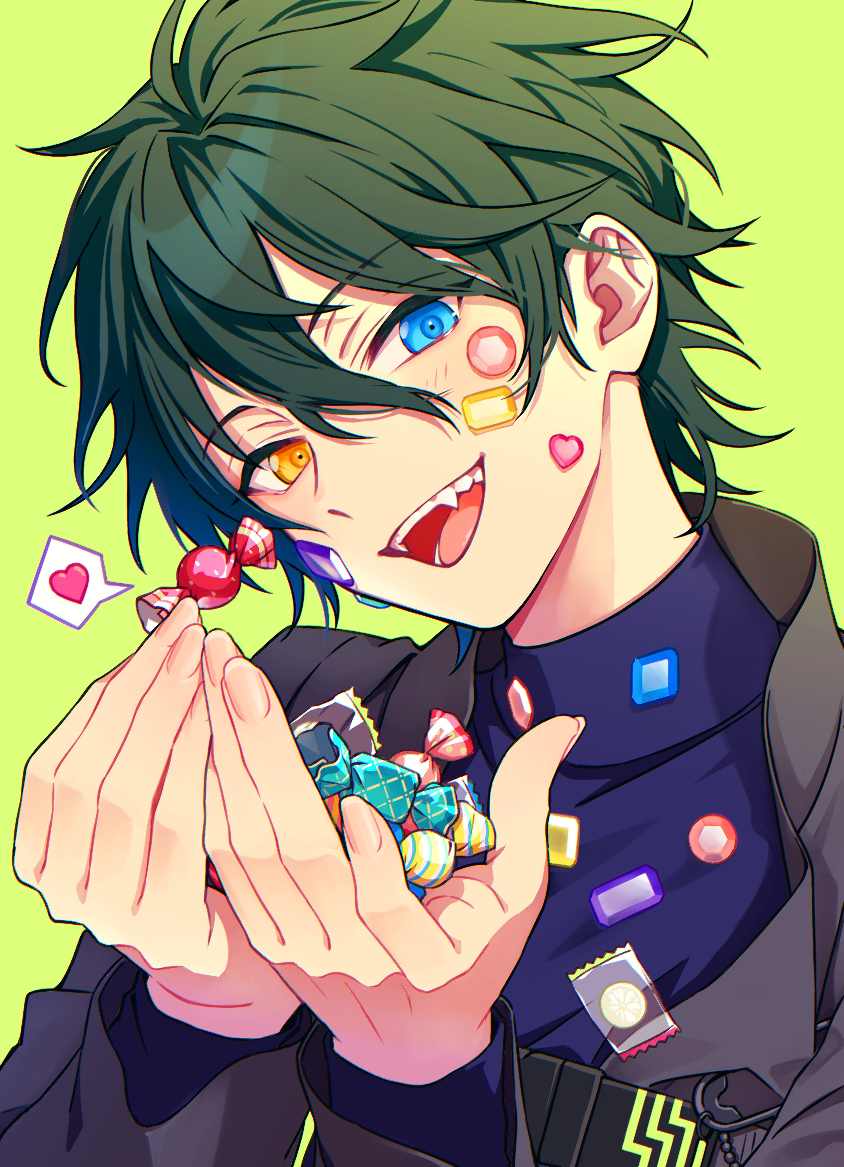 natsuharu, kagehira mika, ensemble stars!, absurdres, highres, candy, fangs, food, gem, green background, green hair, head tilt, heart, heterochromia, holding, holding candy, holding food, light blush, long sleeves, looking at viewer, multicolored eyes, open mouth, speech bubble