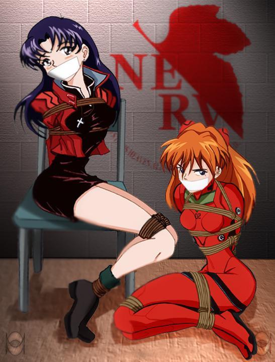 katsuragi misato, souryuu asuka langley, neon genesis evangelion, black footwear, artist request, 2girls, angry, arms behind back, bare legs, bdsm, black dress, blue eyes, blush, bodysuit, bondage, bound, bound ankles, bound legs, box tie, breast bondage, breasts, chair, cross, cross necklace, dress, earrings, full body, gag, gagged, grey eyes, hair between eyes, half-closed eyes, head tilt, improvised gag, indoors, jacket, jewelry, legs together, long hair, long sleeves, looking at viewer, mecha pilot suit, medium breasts, multiple girls, neck, necklace, nerv, older female and younger female, on chair, on floor, orange hair, parted bangs, plugsuit (evangelion), purple hair, red bodysuit, red jacket, rope, short dress, skin tight, small breasts, straight hair, stud earrings, tape, tape gag, tied to chair, worried