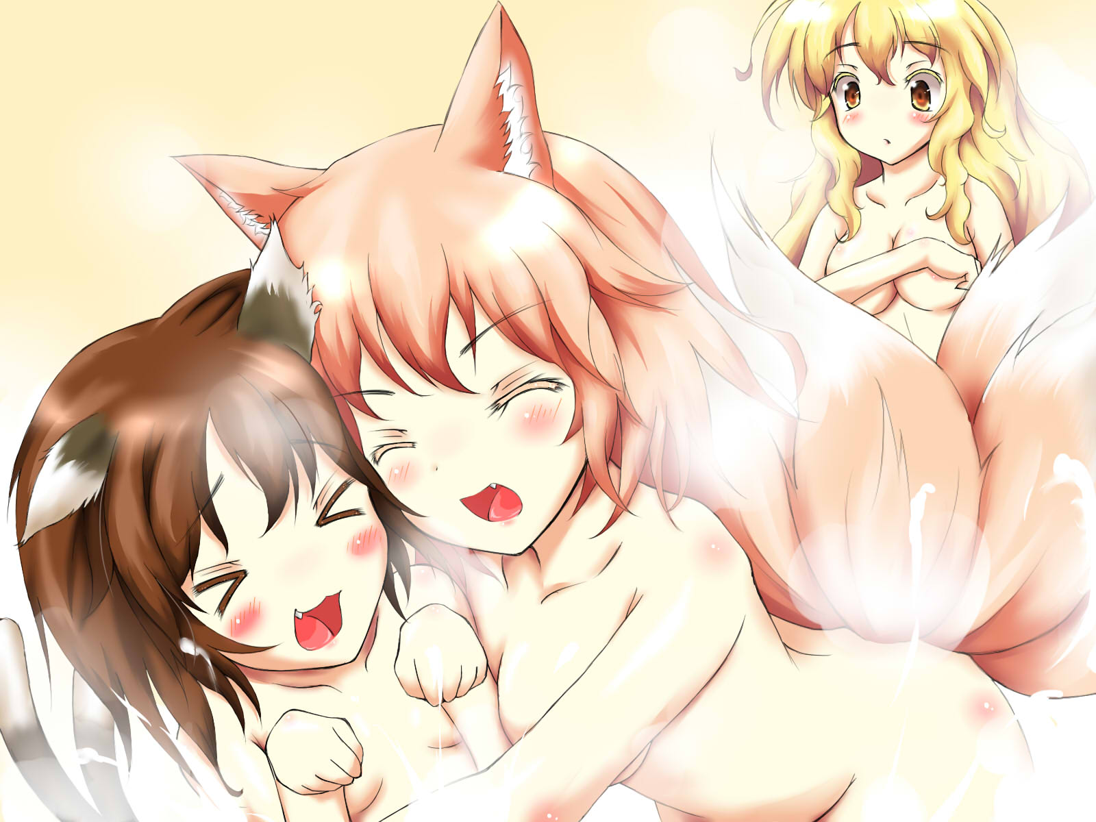 mikage kirino, chen, yakumo ran, yakumo yukari, touhou, breast hold, bad id, bad pixiv id, highres, > <, 3girls, animal ears, blonde hair, blush, breasts, brown eyes, brown hair, cat ears, cat girl, cat tail, closed eyes, covering breasts, covering privates, fang, female focus, fox ears, fox tail, hug, multiple girls, nude, nude cover, open mouth, orange hair, paw pose, smile, tail
