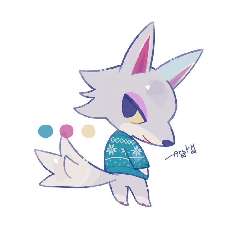 auko, fang (animal crossing), animal crossing, nintendo, 1boy, animal crossing: new horizons, animal ears, animal hands, chibi, chibi only, christmas sweater, color guide, eyeshadow, grey fur, looking back, makeup, purple eyeshadow, signature, smile, wolf, wolf boy