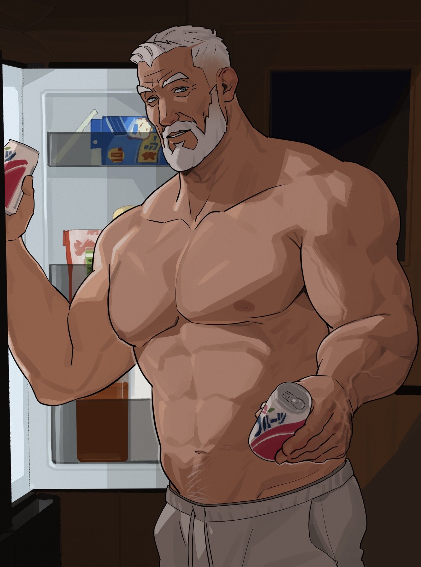 sa1k0p, original, highres, 1boy, abs, bara, beard, can, drink can, facial hair, full beard, grey eyes, grey pants, holding, holding can, incoming food, indoors, looking at viewer, male focus, mature male, muscular, muscular male, night, old, old man, pants, refrigerator, short hair, soda can, solo, topless male, white hair, window