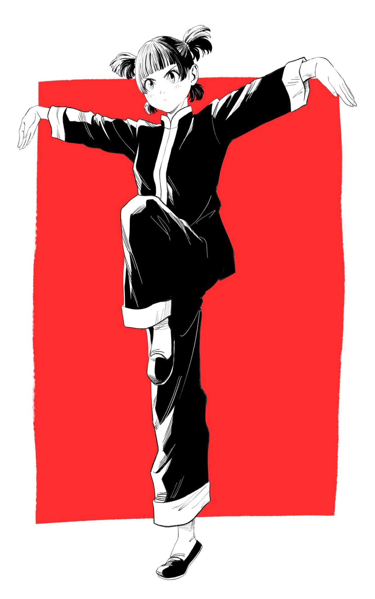 lee (dragon garou), original, commentary request, highres, 1girl, chinese clothes, crane stance, fighting stance, full body, greyscale with colored background, outstretched arms, pants, quad tails, red background, serious, solo, standing, standing on one leg, tangzhuang, v-shaped eyebrows