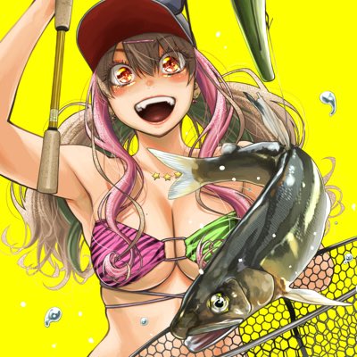 funatsu kazuki, original, hashtag-only commentary, lowres, 1girl, bikini, blonde hair, eyewear on head, fish, fishing net, fishing rod, green bikini, gyaru, holding, holding fishing rod, jewelry, multicolored bikini, multicolored hair, necklace, orange eyes, pink bikini, pink hair, salmon, swimsuit, twintails, two-tone bikini, two-tone hair, yellow background