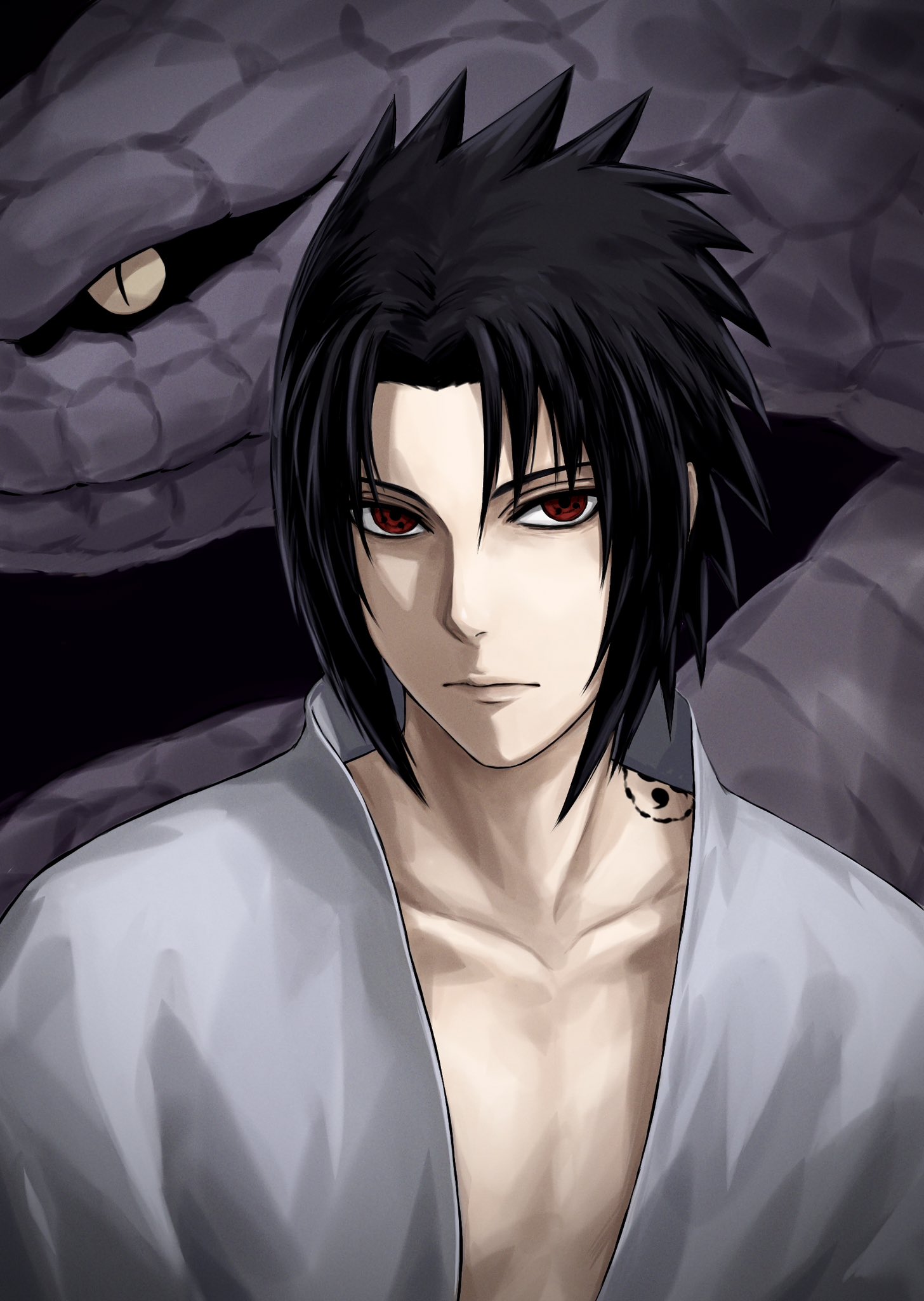 uchiha sasuke, naruto (series), naruto shippuuden, highres, 1boy, black hair, collarbone, empty eyes, expressionless, frown, male focus, mikanyuku, red eyes, sharingan, shoulder tattoo, snake, solo, tattoo