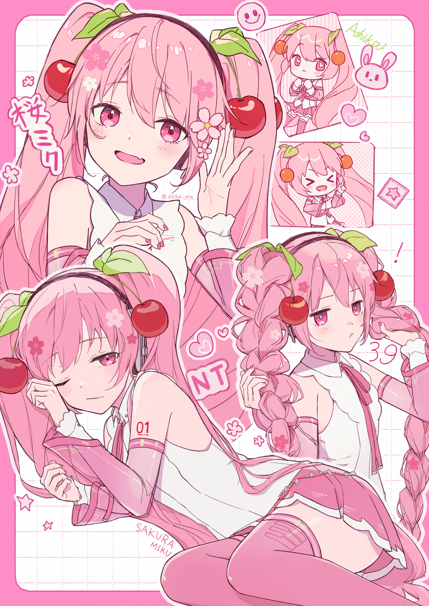 ashika (yftcc948), hatsune miku, hatsune miku (nt), sakura miku, vocaloid, commentary request, highres, > <, 1girl, 39, arm tattoo, boots, braid, character name, cherry blossoms, cherry hair ornament, closed eyes, fingernails, flower, food-themed hair ornament, hair between eyes, hair flower, hair ornament, light blush, long hair, long sleeves, looking at viewer, nail polish, number tattoo, one eye closed, open mouth, pink eyes, pink flower, pink hair, pink nails, pink ribbon, pink skirt, pleated skirt, ribbon, see-through clothes, see-through sleeves, shirt, skirt, sleeveless, sleeveless shirt, smile, tattoo, thigh boots, twin braids, twintails, very long hair