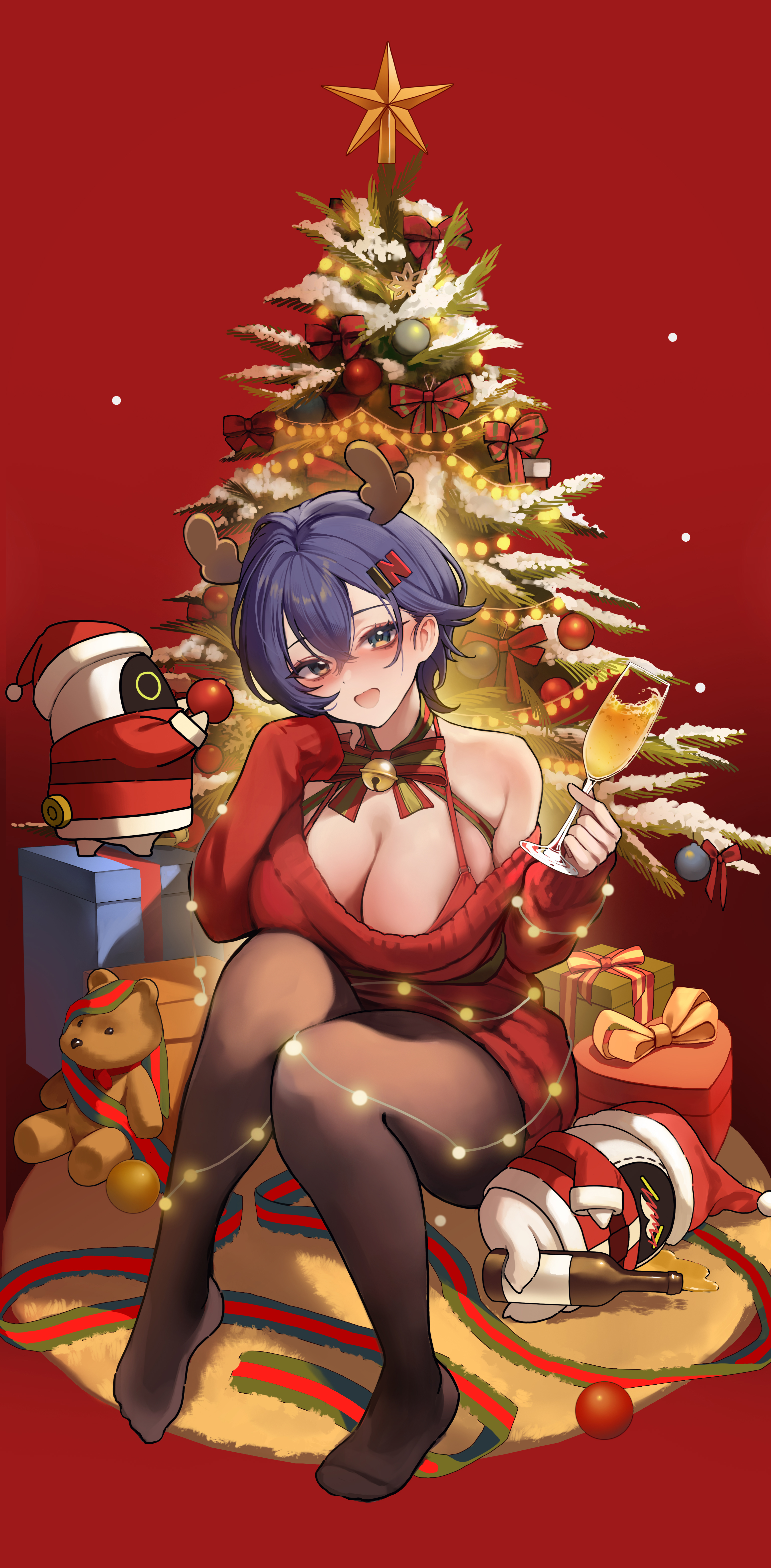 yuna (deadawon), belle (zenless zone zero), zenless zone zero, absurdres, highres, 1girl, alternate breast size (larger), alternate costume, bell, black pantyhose, blue eyes, blush, bow, bowtie, bra, breasts, christmas tree, cleavage, crossed bangs, cup, double-parted bangs, ear blush, full body, glass, hair between eyes, hair ornament, hands up, holding, holding cup, large breasts, letter hair ornament, long bangs, long sleeves, looking at viewer, neck bell, off-shoulder sweater, off shoulder, open mouth, pantyhose, purple hair, red bra, red sweater, short hair, sitting, sleeves past wrists, smile, solo, striped bow, striped bowtie, striped clothes, sweater, underwear, upper body