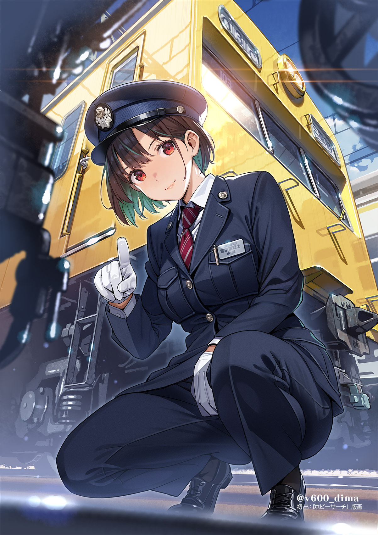 vania600, original, highres, 1girl, black hair, black hat, black pants, black socks, colored inner hair, dress shoes, gloves, green hair, hat, looking at viewer, multicolored hair, necktie, pants, red eyes, red necktie, shirt, short hair, socks, solo, striped clothes, striped necktie, train, train attendant, travel attendant, white gloves, white shirt