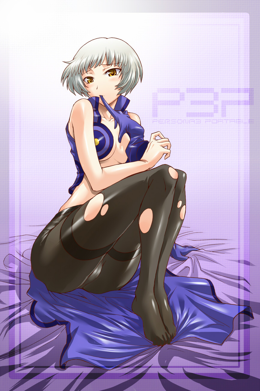 segami daisuke, elizabeth (persona), atlus, persona, persona 3, persona 3 portable, silver hair, highres, 1girl, bare shoulders, blush, breasts, cleavage, feet, female focus, gloves, large breasts, pantyhose, short hair, sleeveless, solo, thighband pantyhose, torn clothes, torn pantyhose, undressing, yellow eyes