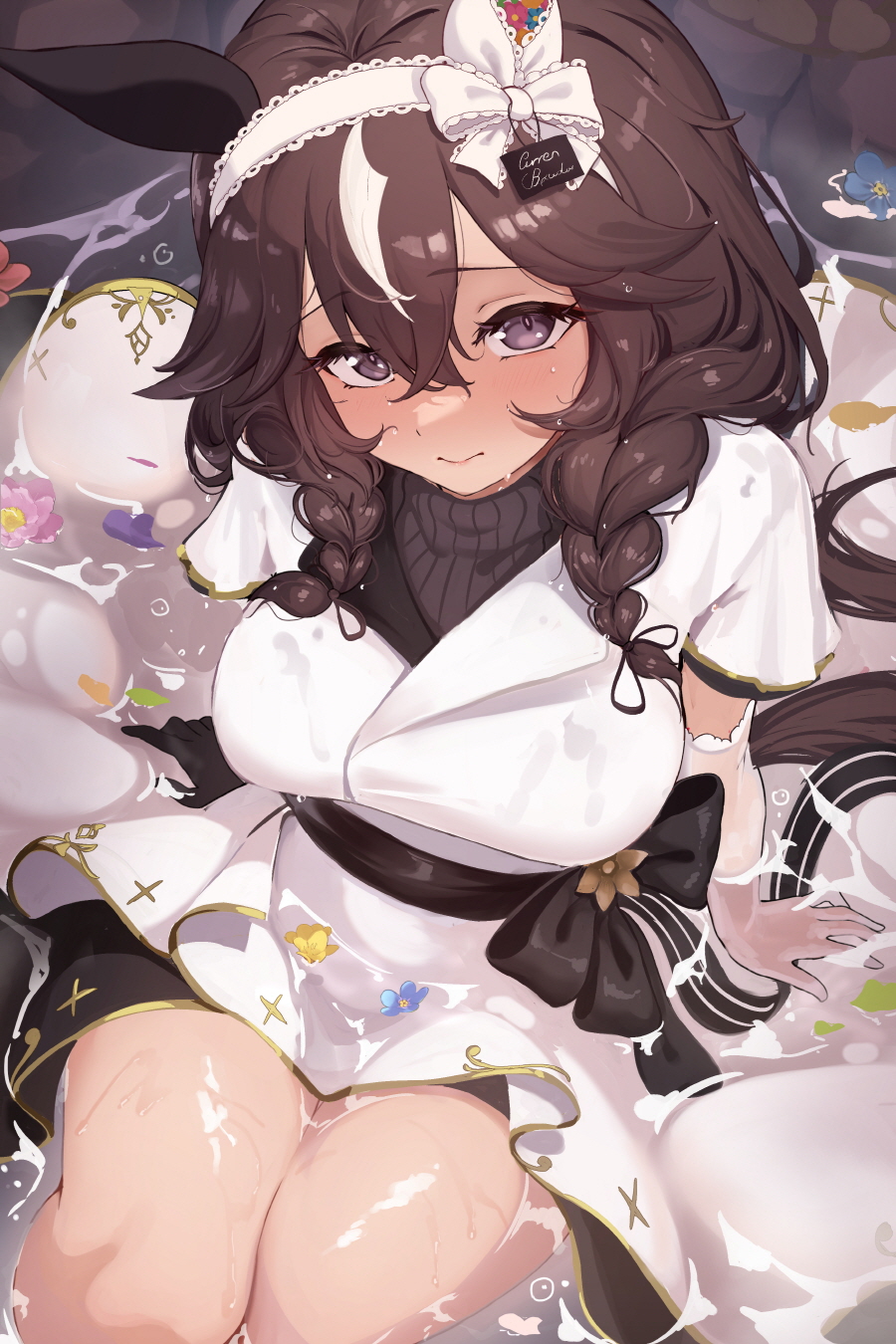 zzo0, curren bouquetd'or (umamusume), umamusume, highres, 1girl, animal ears, bow, braid, breasts, brown hair, brown sweater, closed mouth, hair between eyes, hair bow, hairband, horse ears, horse tail, jacket, large breasts, long hair, looking at viewer, partially submerged, purple eyes, short sleeves, sitting, solo, sweater, tail, thighs, twin braids, wet, wet hair, white bow, white hairband, white jacket
