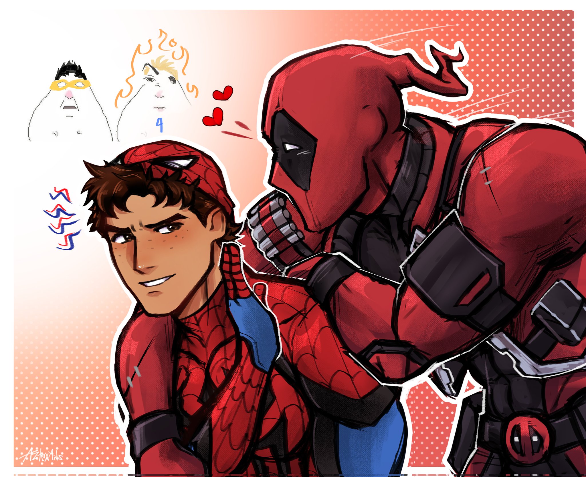 aztexarts, deadpool, iron fist (marvel), johnny storm, peter parker, spider-man, deadpool (series), fantastic four, marvel, marvel rivals, spider-man (series), highres, 4boys, animal print, blue bodysuit, blush, bodysuit, fire, lin lie (marvel), mask lift, multicolored bodysuit, multiple boys, muscular, muscular male, red bodysuit, red mask, spider print, spider web print, superhero costume, two-tone bodysuit, yaoi